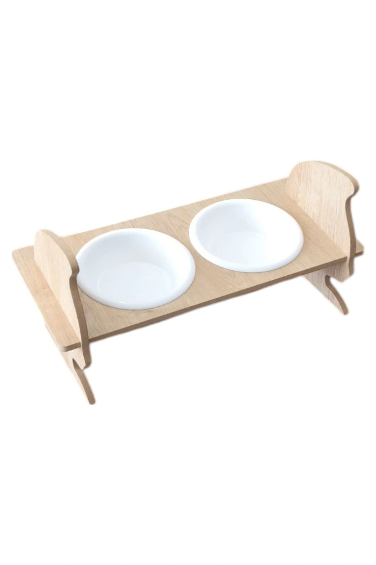 KEDİ KAFALI AHŞAP 2 Plastik Taslı Kedi Ve Köpek Mama Ve Su Kabı BEYAZ