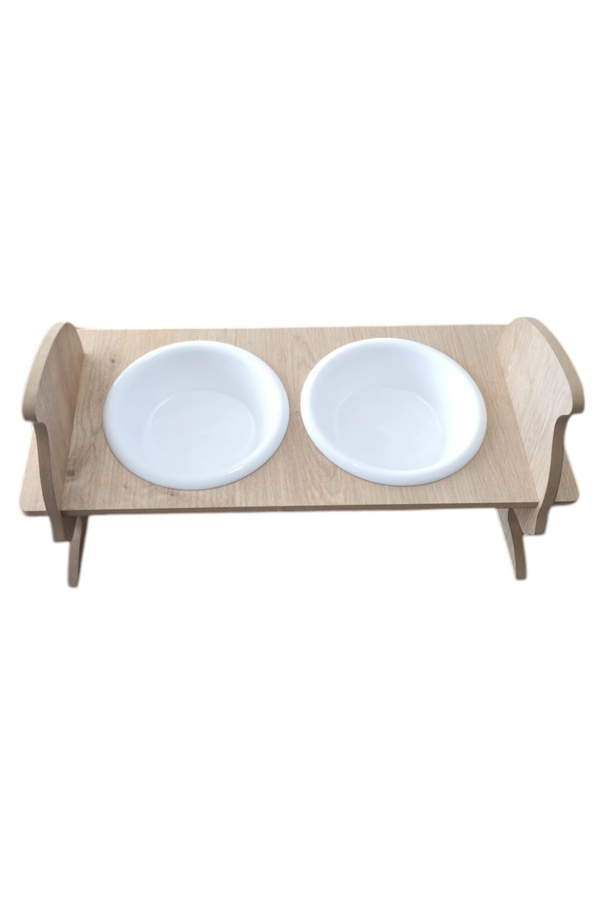 KEDİ KAFALI AHŞAP 2 Plastik Taslı Kedi Ve Köpek Mama Ve Su Kabı BEYAZ