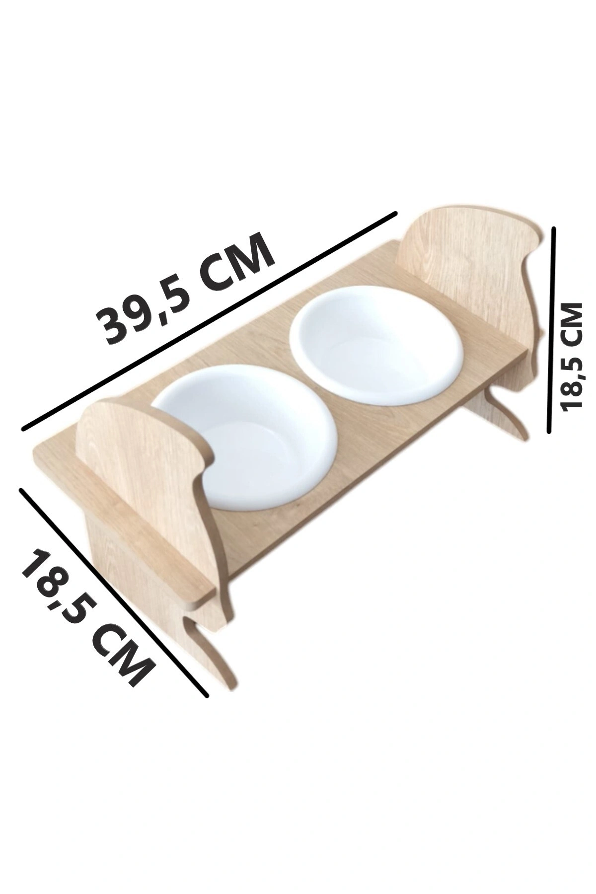 KEDİ KAFALI AHŞAP 2 Plastik Taslı Kedi Ve Köpek Mama Ve Su Kabı BEYAZ