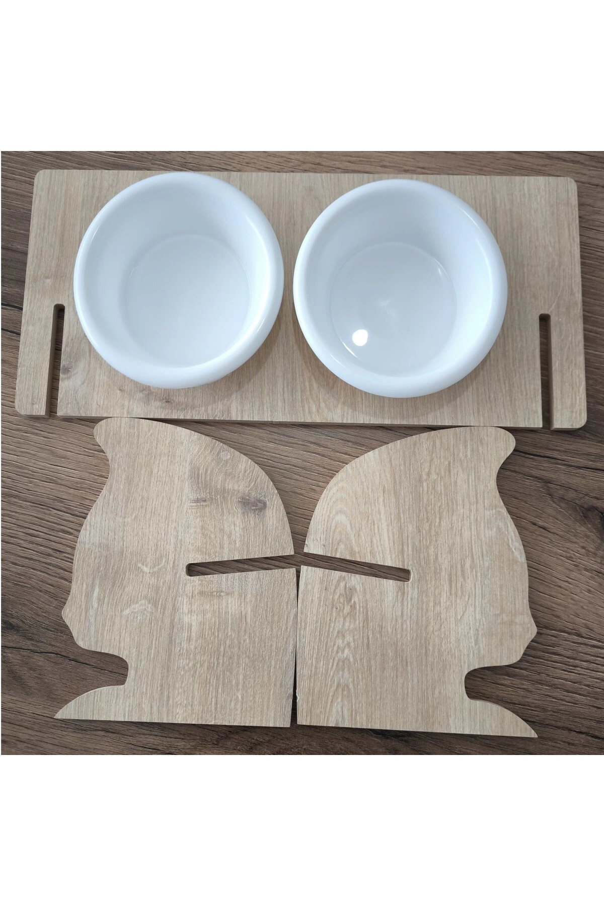 KEDİ KAFALI AHŞAP 2 Plastik Taslı Kedi Ve Köpek Mama Ve Su Kabı BEYAZ