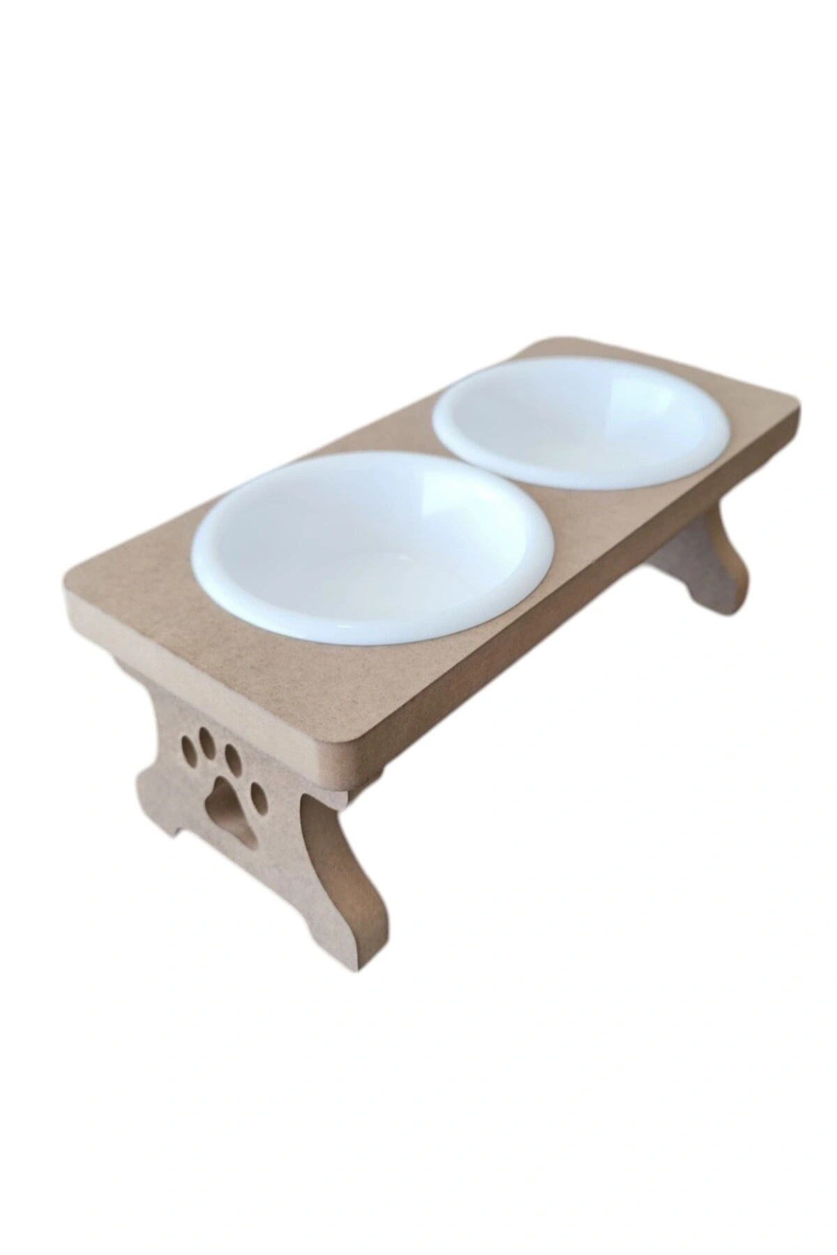 Ahşap Demonte 2 Plastik Taslı Kedi Mama Ve Su Kabı BEYAZ