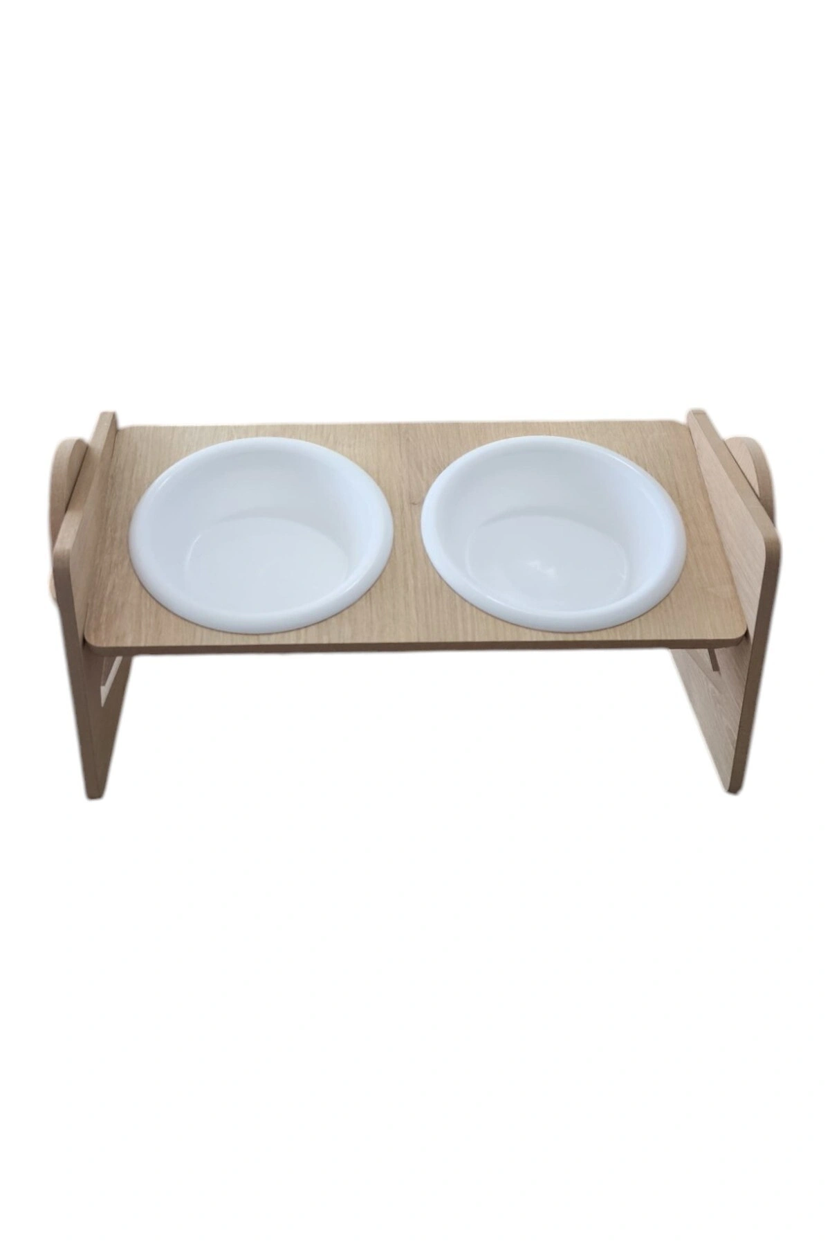 Ayarlanabilir Ahşap 2 Plastik Taslı Kedi Ve Köpek Mama Ve Su Kabı BEYAZ