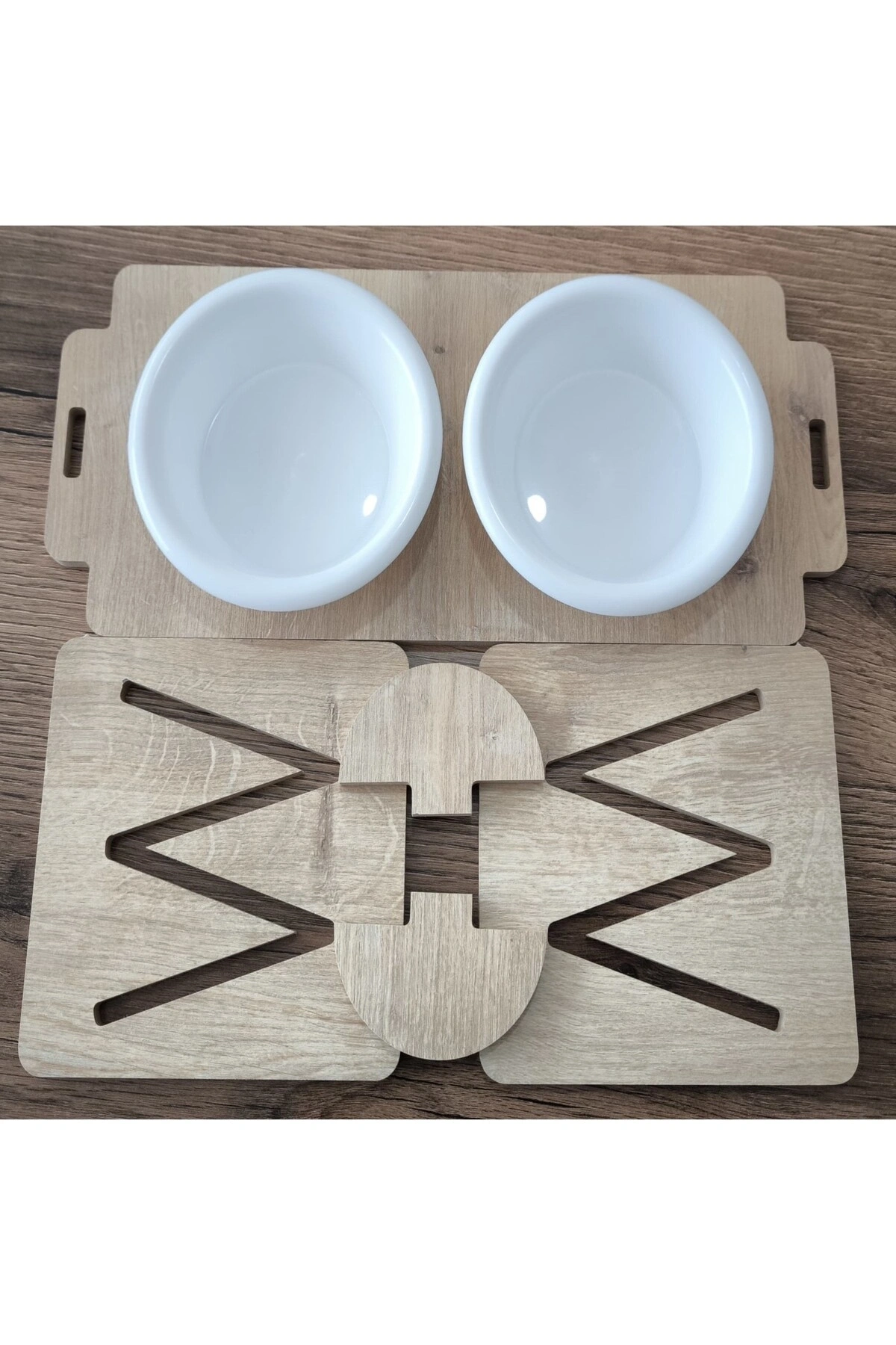 Ayarlanabilir Ahşap 2 Plastik Taslı Kedi Ve Köpek Mama Ve Su Kabı BEYAZ