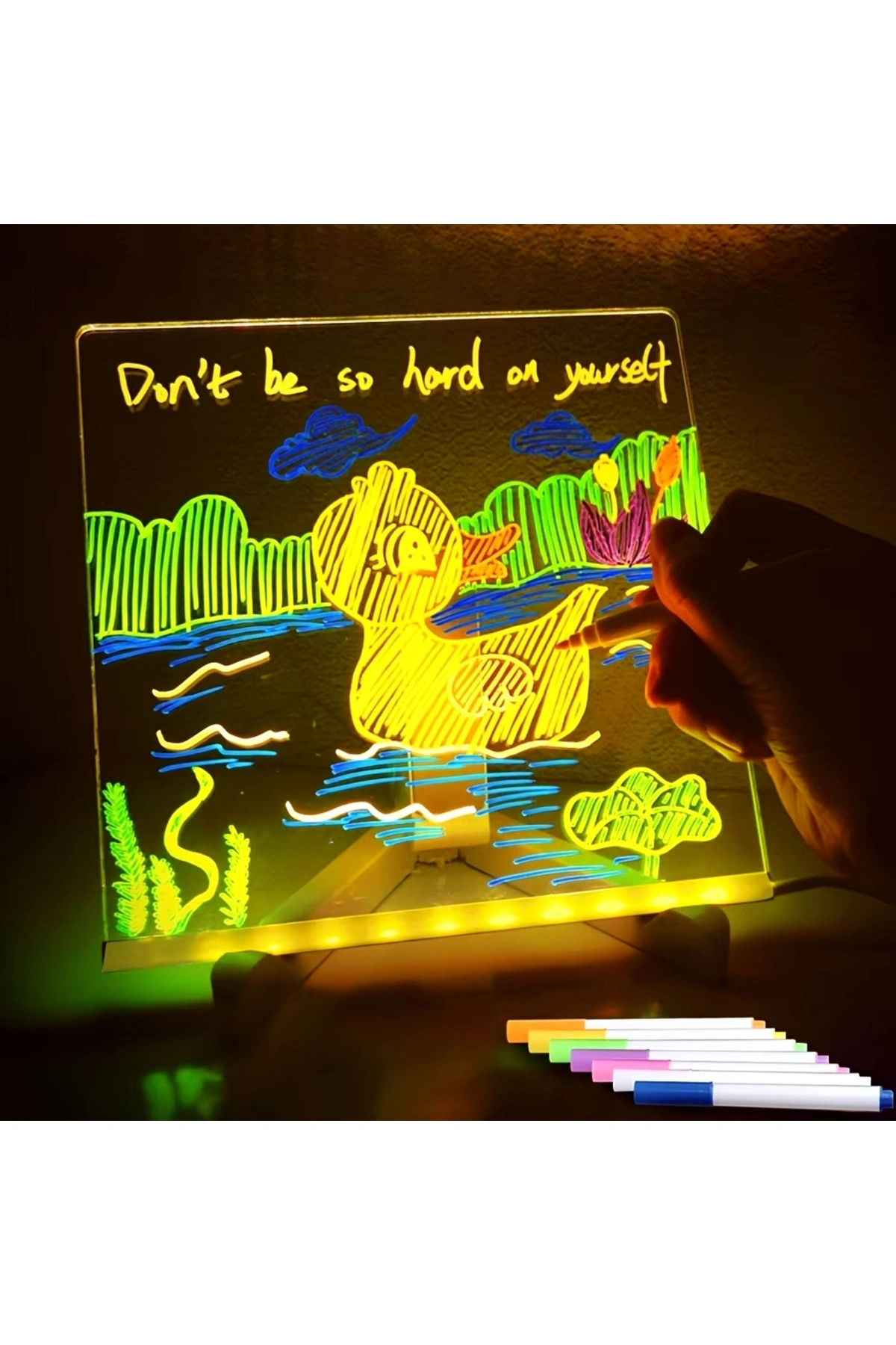 20x20 Led Işıklı Yazı Çizim Tahtası Ayarlanabilir Stant Ve Hediye 7 Keçeli Kalem