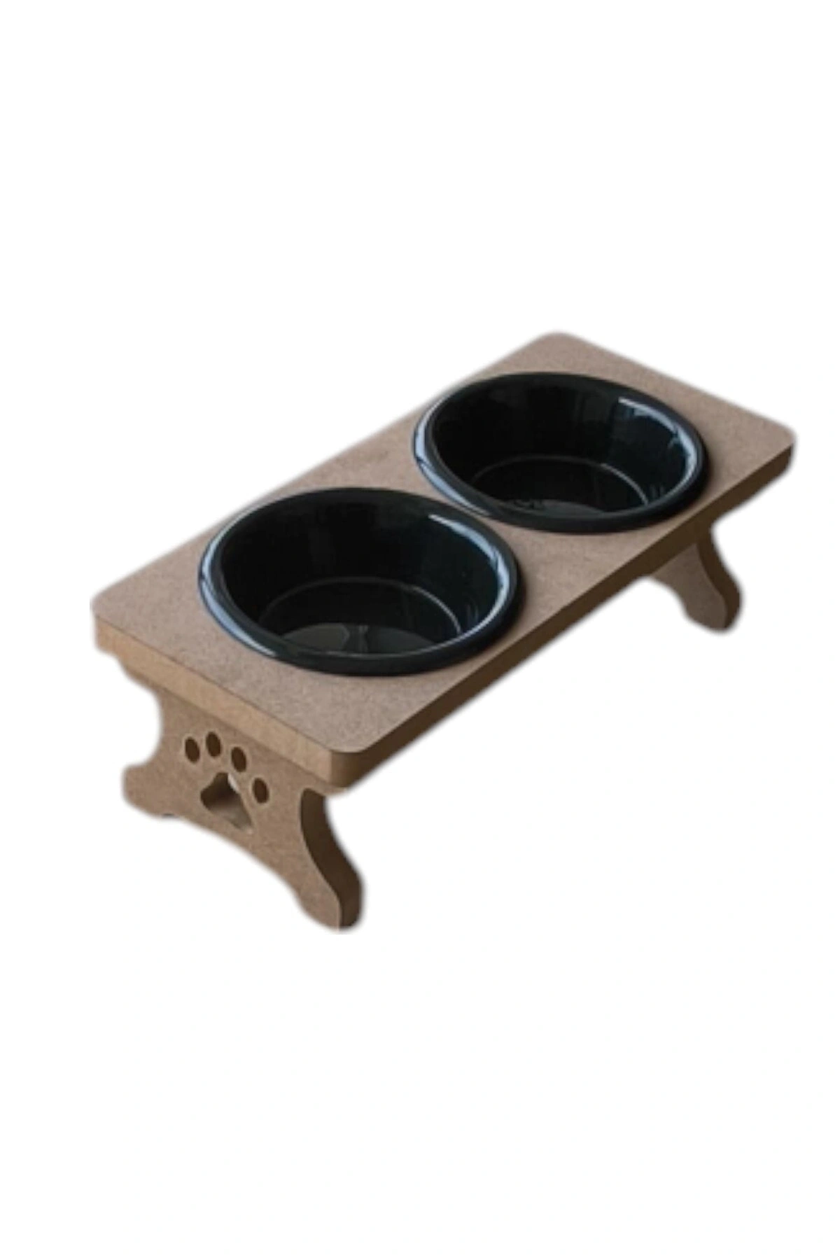 Ahşap Demonte 2 Plastik Taslı Kedi Mama Ve Su Kabı SİYAH