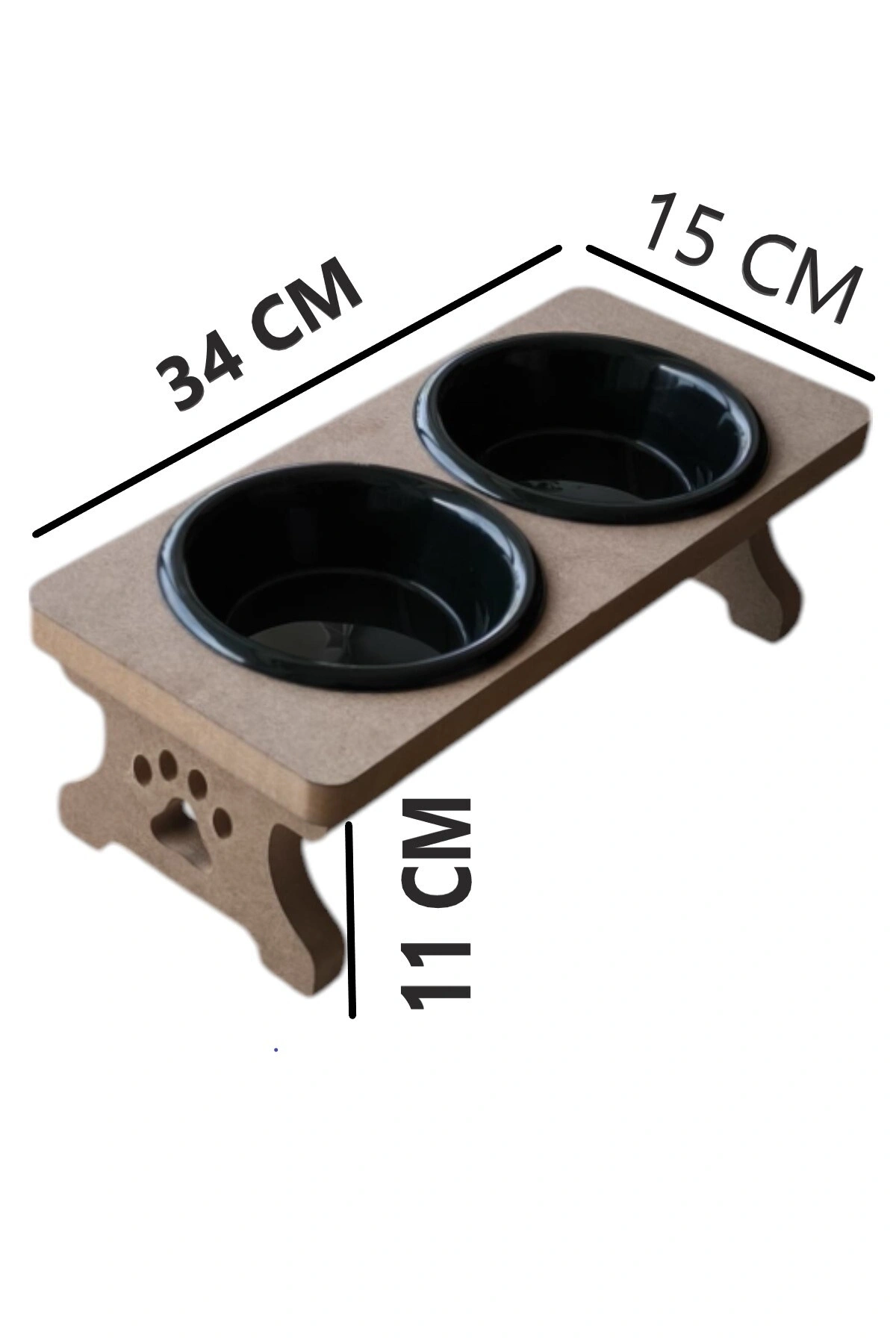 Ahşap Demonte 2 Plastik Taslı Kedi Mama Ve Su Kabı SİYAH