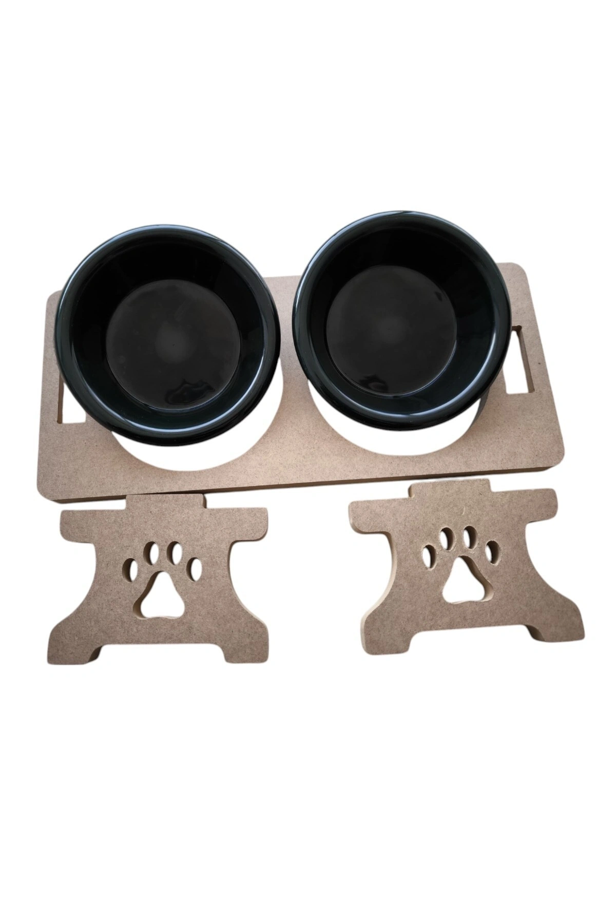 Ahşap Demonte 2 Plastik Taslı Kedi Mama Ve Su Kabı SİYAH