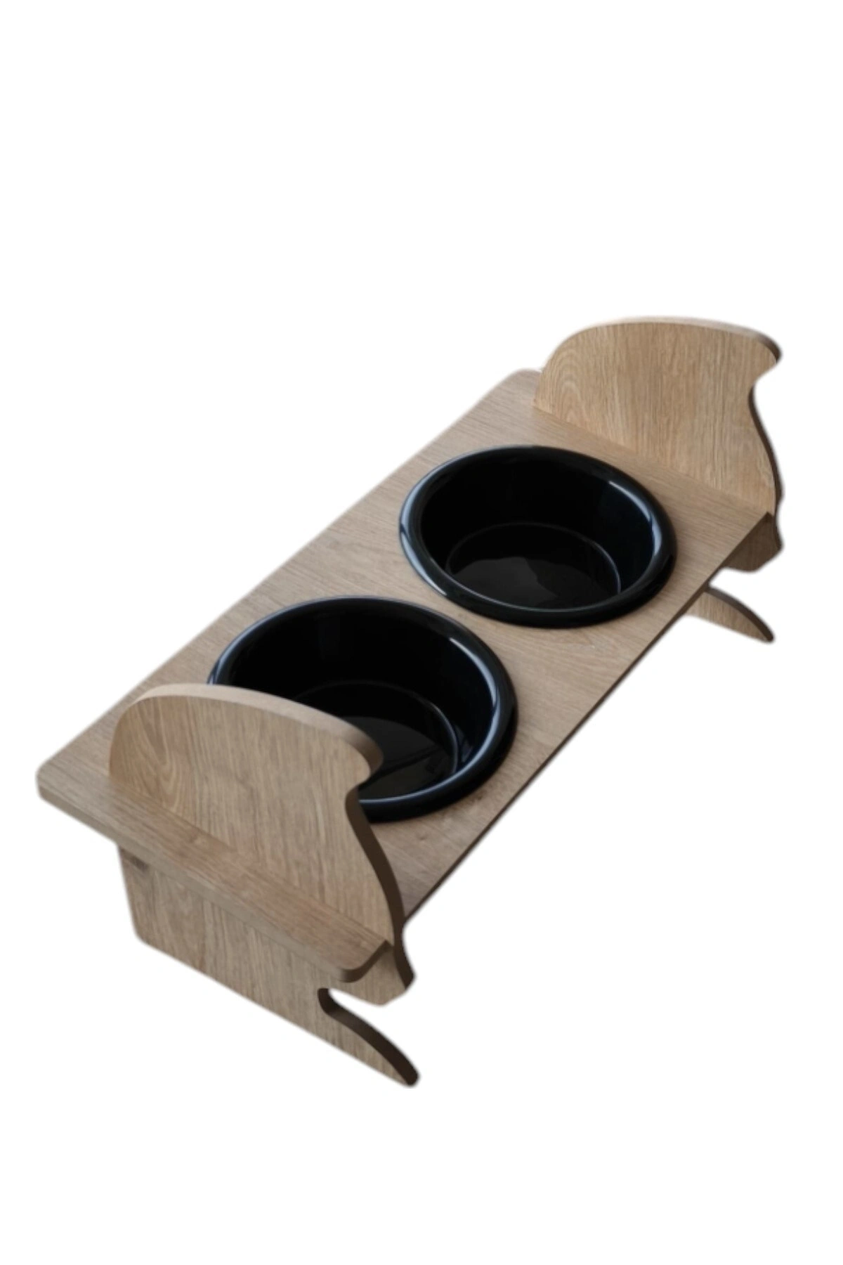 KEDİ KAFALI AHŞAP 2 Plastik Taslı Kedi Ve Köpek Mama Ve Su Kabı SİYAH
