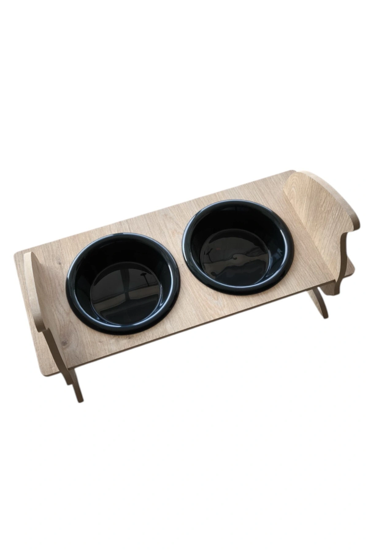 KEDİ KAFALI AHŞAP 2 Plastik Taslı Kedi Ve Köpek Mama Ve Su Kabı SİYAH