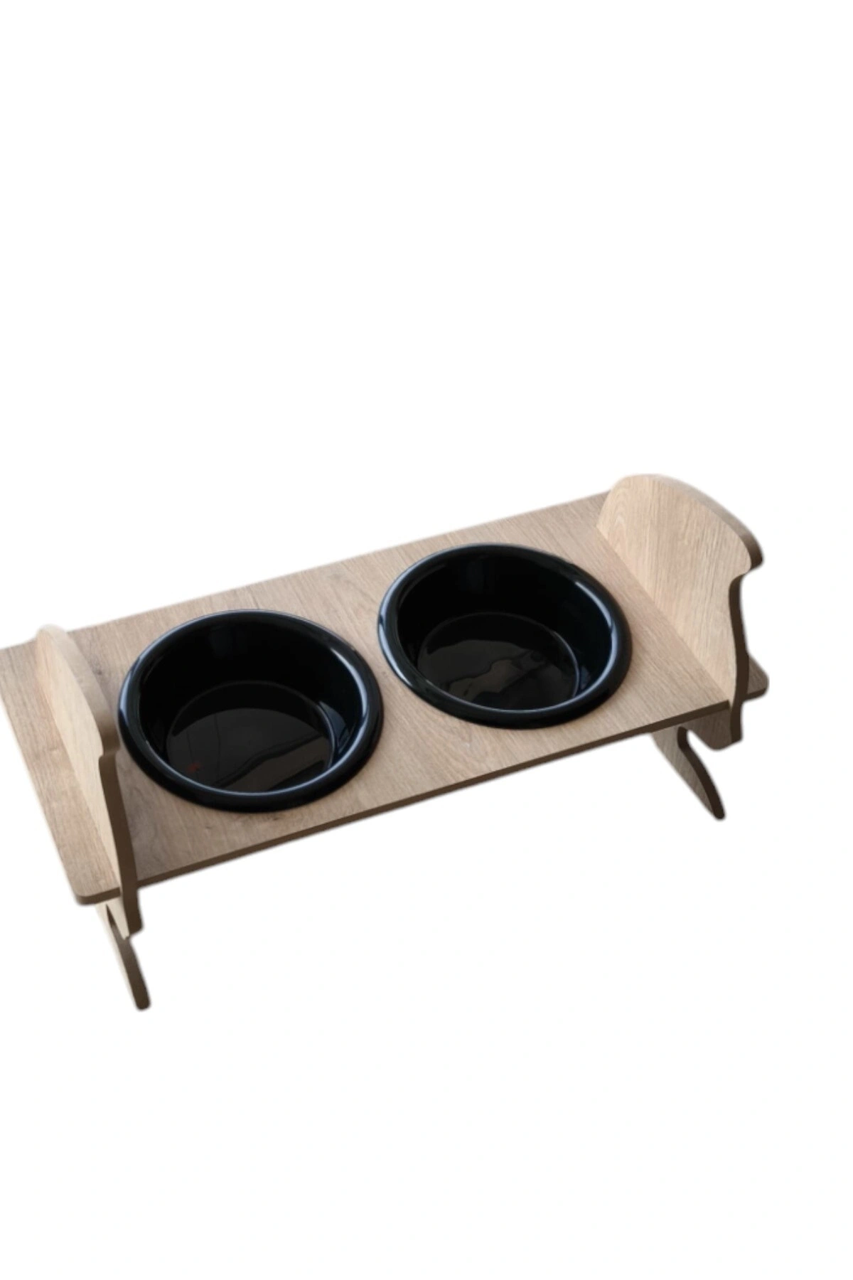KEDİ KAFALI AHŞAP 2 Plastik Taslı Kedi Ve Köpek Mama Ve Su Kabı SİYAH