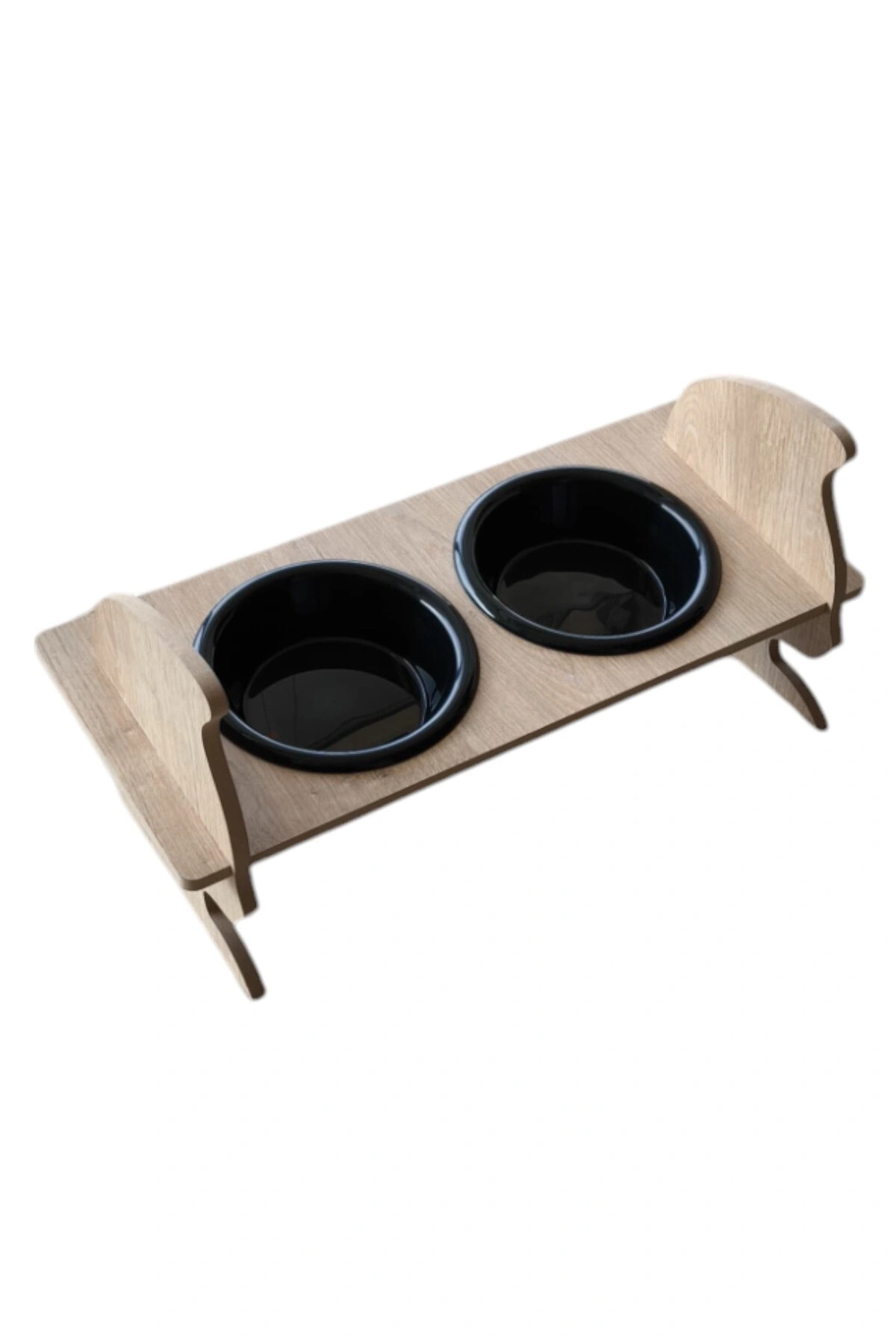 KEDİ KAFALI AHŞAP 2 Plastik Taslı Kedi Ve Köpek Mama Ve Su Kabı SİYAH
