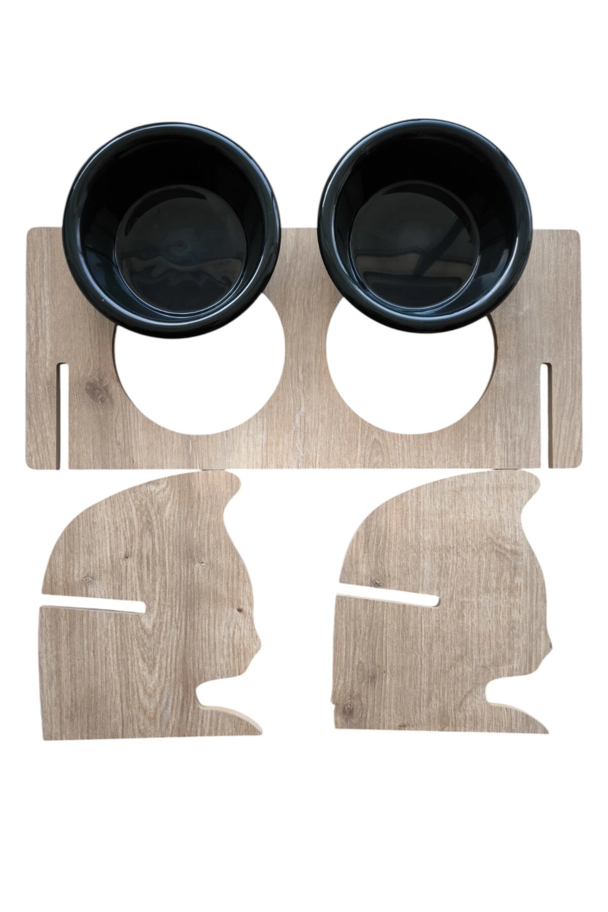 KEDİ KAFALI AHŞAP 2 Plastik Taslı Kedi Ve Köpek Mama Ve Su Kabı SİYAH