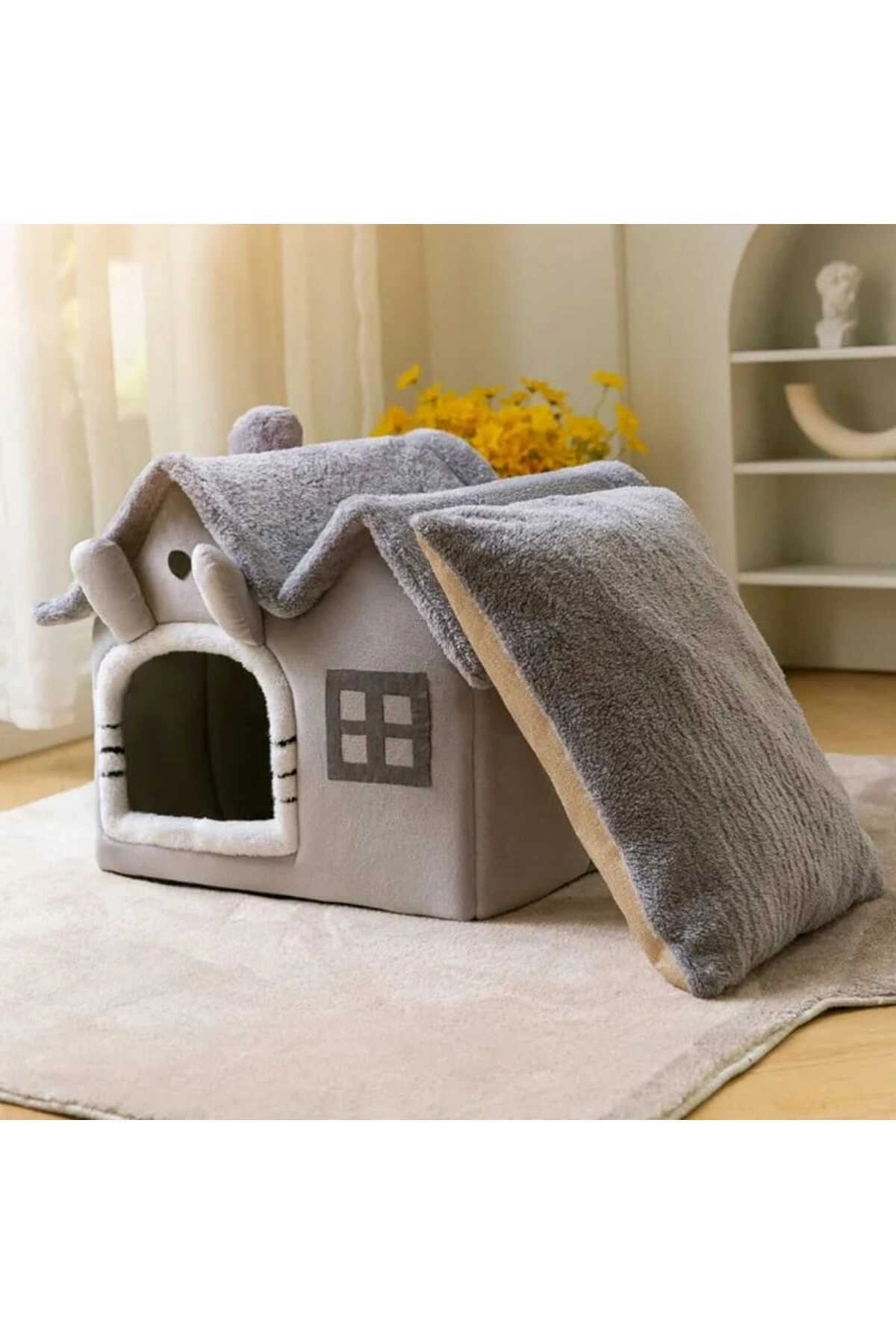 Kedi Evi Yumuşak Kedi Yatağı Derin Uyku Ve Kış Evi Çıkarılabilir Minder -villa Gri 1 Adet S Beden
