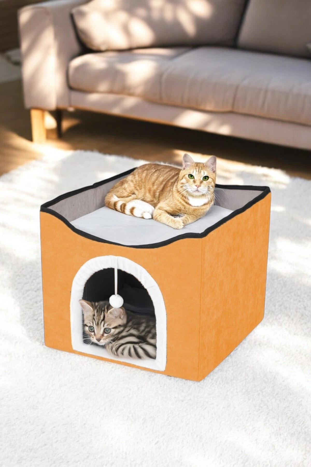 Sevimli Katlanır Taşınabilir Çok Fonksiyonlu Kapalı Kedi Evi Yatağı TURUNCU