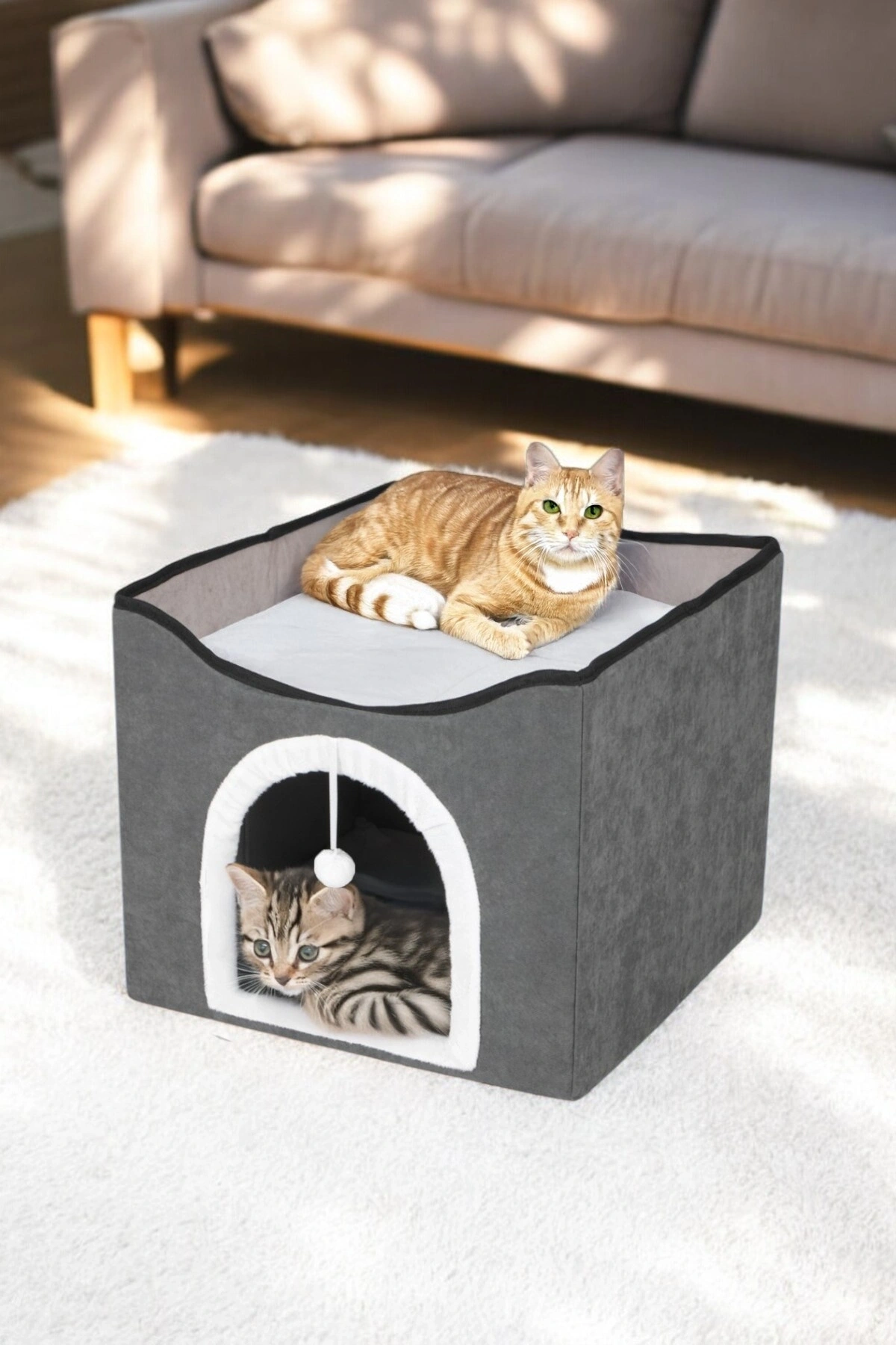 Sevimli Katlanır Taşınabilir Çok Fonksiyonlu Kapalı Kedi Evi Yatağı KAHVERENGİ