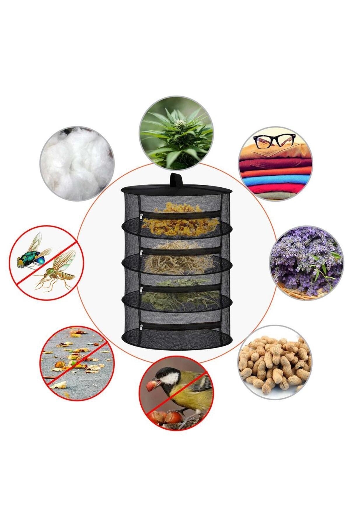 Siyah 4 Katlı Fermuarlı Meyve Sebze Kurutma Filesi Katlanabilir Doğal Kurutma Sepeti