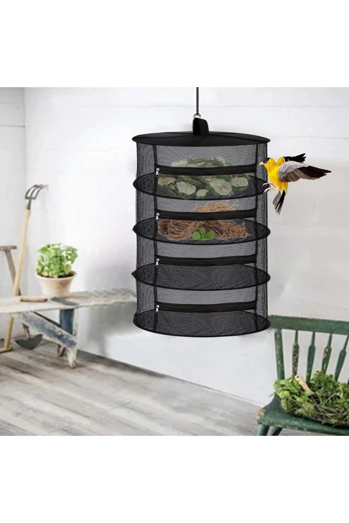 Siyah 4 Katlı Fermuarlı Meyve Sebze Kurutma Filesi Katlanabilir Doğal Kurutma Sepeti