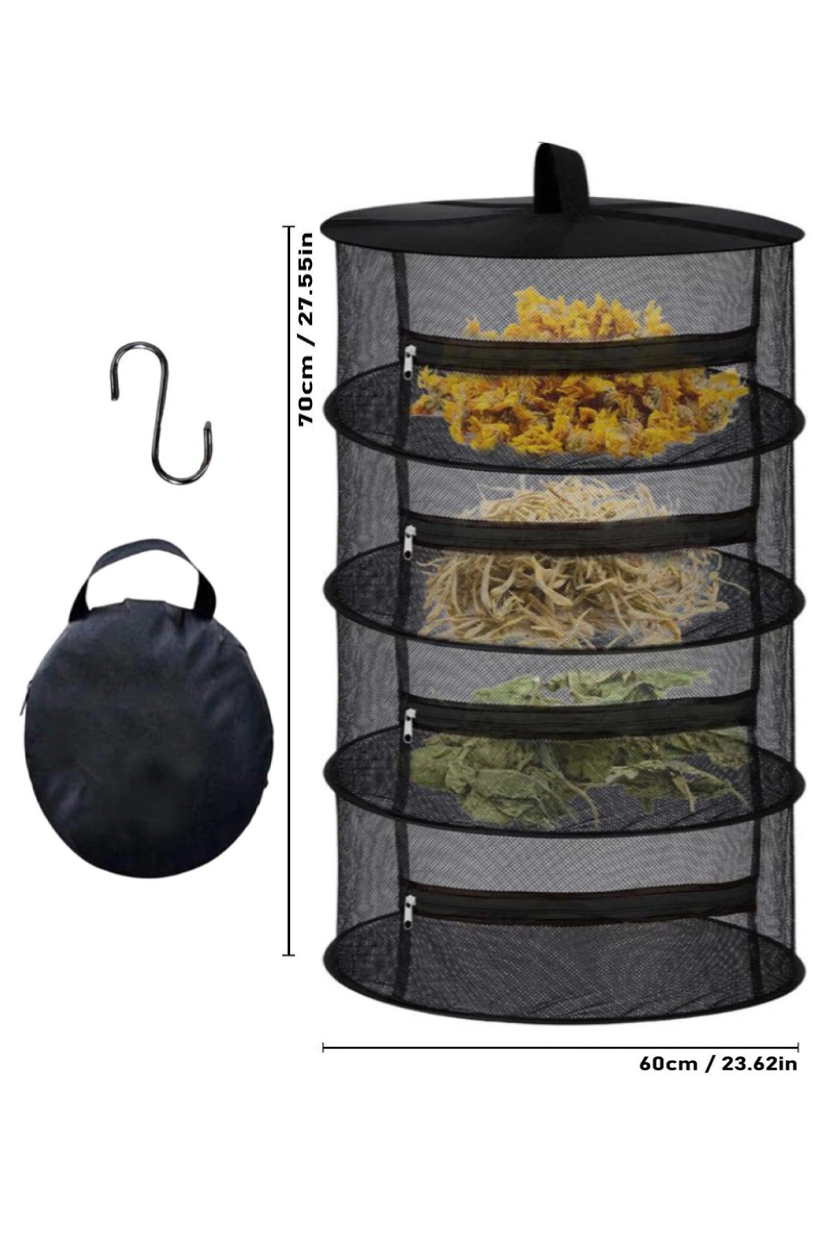Siyah 4 Katlı Fermuarlı Meyve Sebze Kurutma Filesi Katlanabilir Doğal Kurutma Sepeti