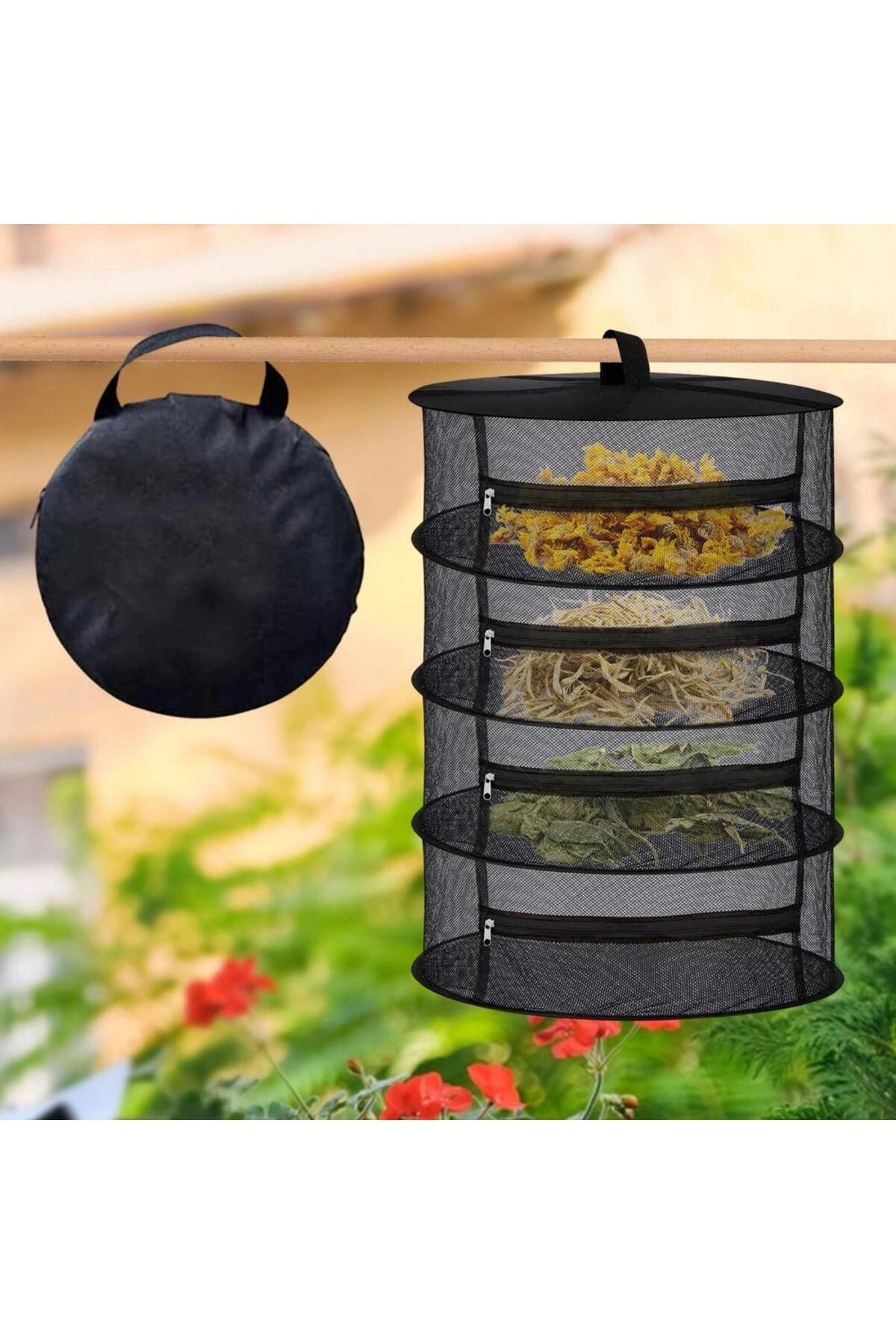 4 Katlı Fermuarlı Meyve Sebze Kurutma Filesi | Katlanabilir Doğal Kurutma Sepeti SİYAH