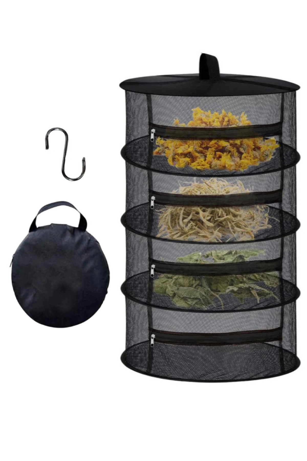 4 Katlı Fermuarlı Meyve Sebze Kurutma Filesi | Katlanabilir Doğal Kurutma Sepeti SİYAH