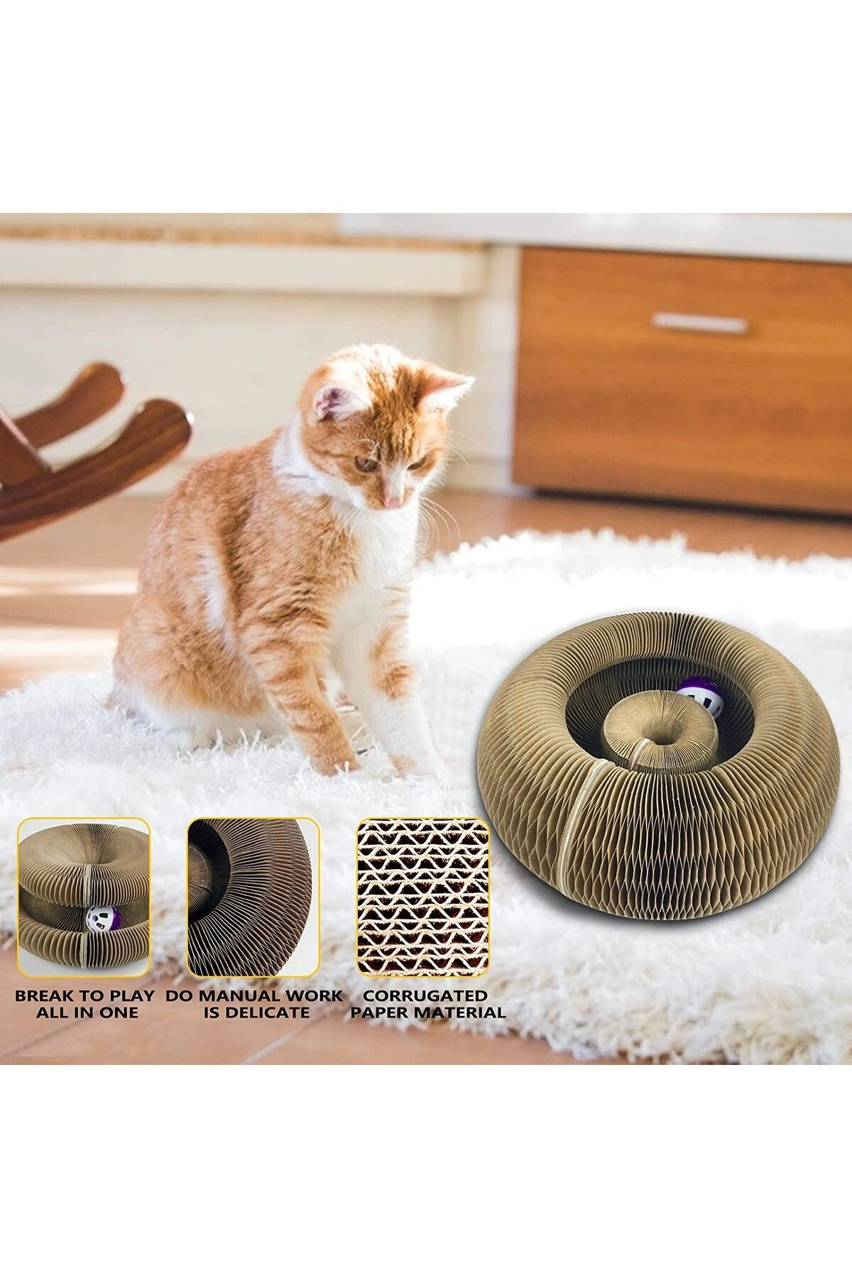 Akordiyon Kedi Tırmalama Oyuncağı, Çıngıraklı Zilli Top Ve Kedi Nanesi Hediyeli Tırmalama Panosu