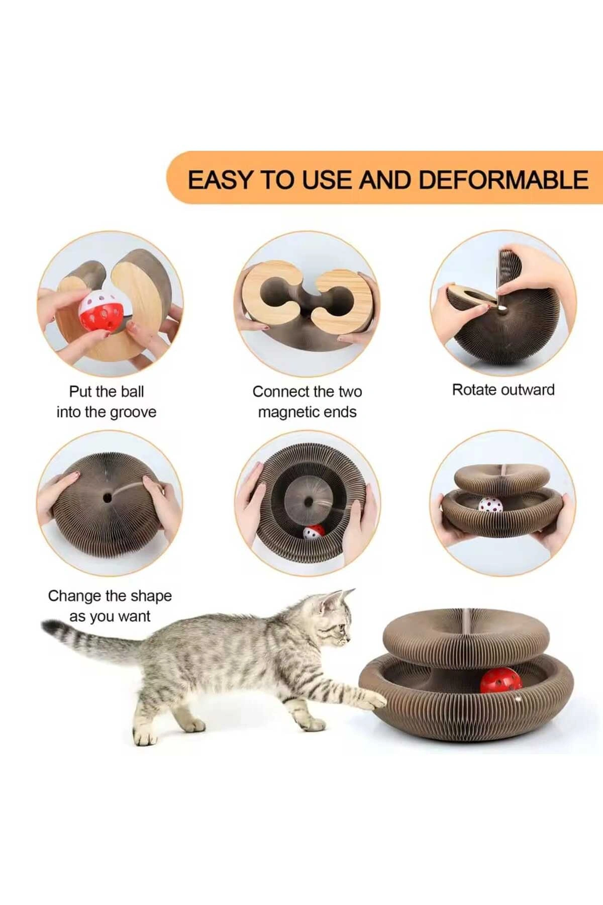 Akordiyon Kedi Tırmalama Oyuncağı, Çıngıraklı Zilli Top Ve Kedi Nanesi Hediyeli Tırmalama Panosu