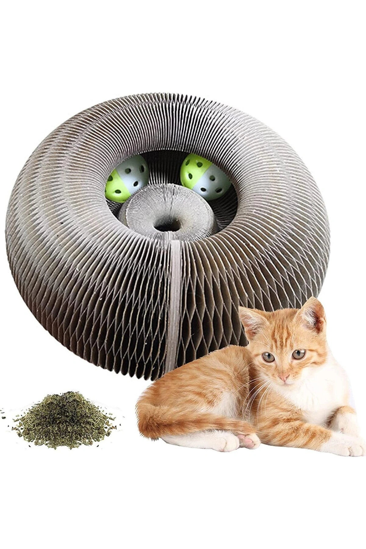 Akordiyon Kedi Tırmalama Oyuncağı, Çıngıraklı Zilli Top Ve Kedi Nanesi Hediyeli Tırmalama Panosu