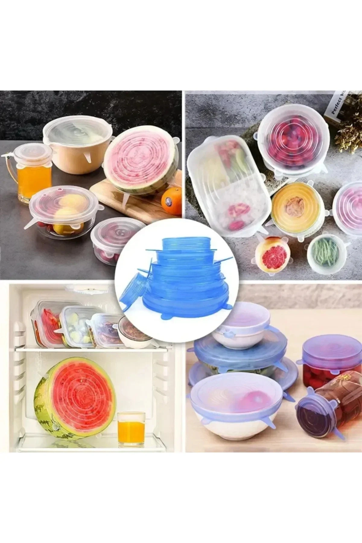 Taze Tutan Gıda Saklama Streç Kapağı Seti - 6lı Tekrar kullanılabilen Silikon Streç Kapak