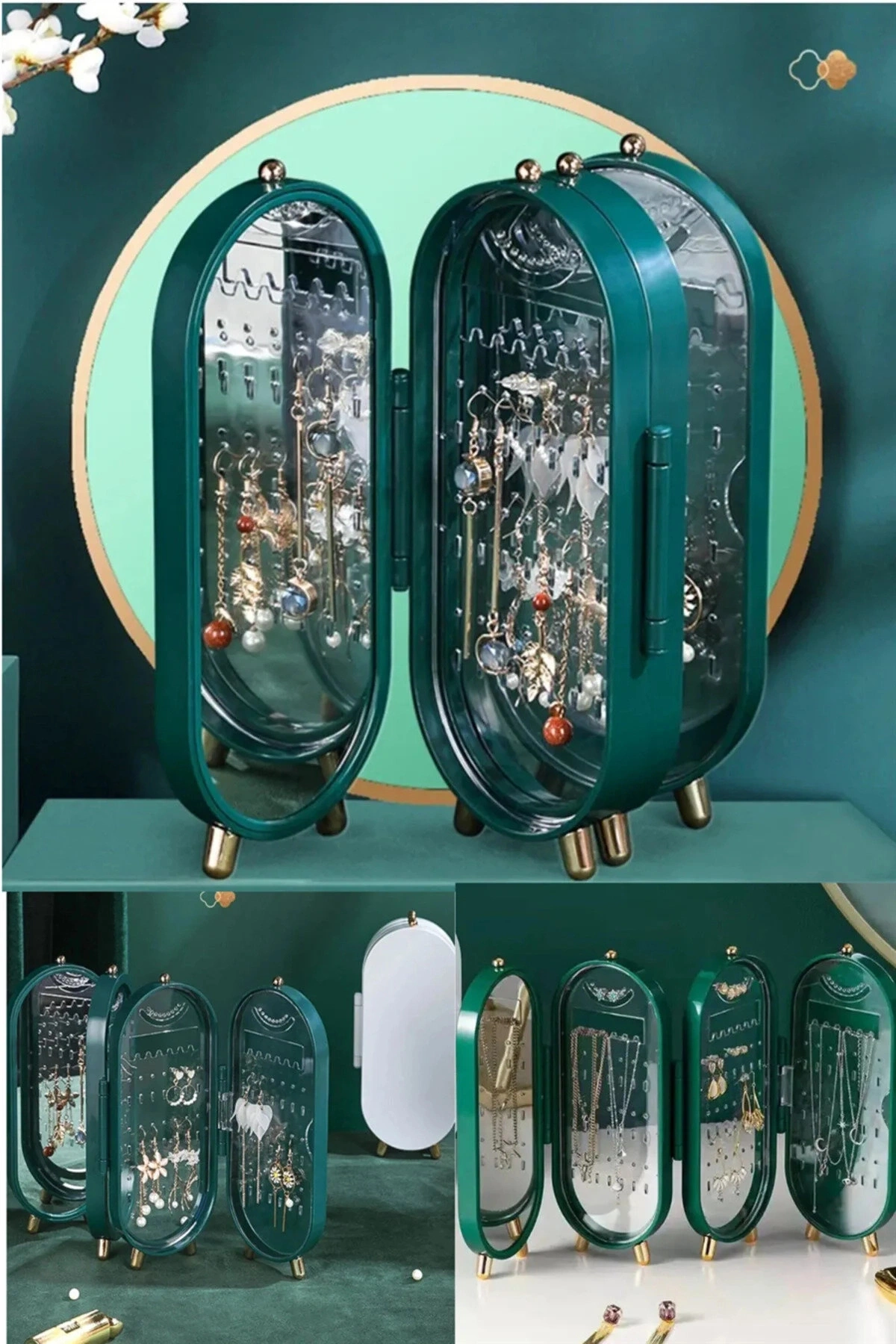 4 Bölmeli Takı Organizeri Aynalı Takı Askısı Yüzük Standı, Küpe Standı, Kolye Düzenleyici YEŞİL