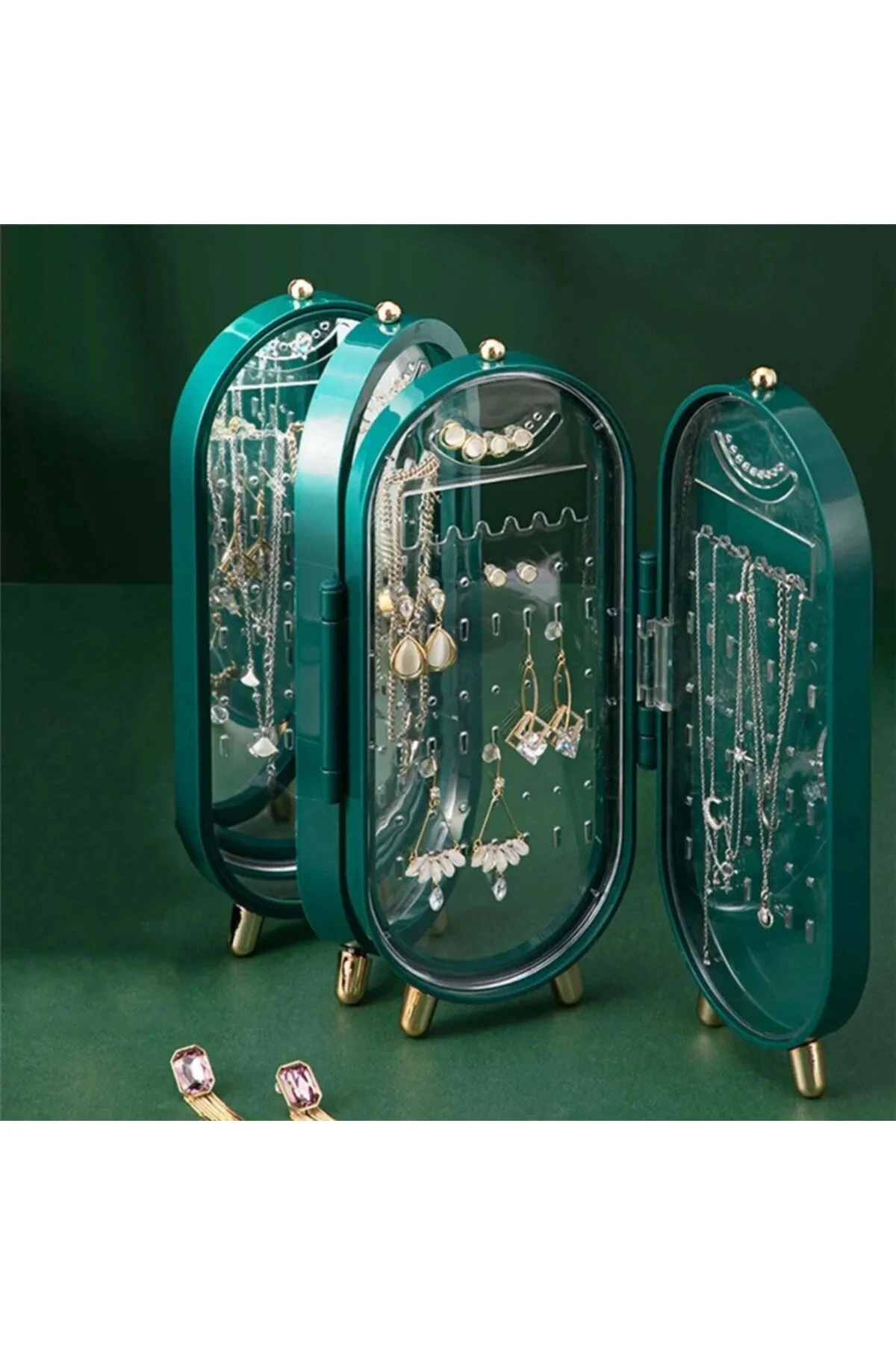 4 Bölmeli Takı Organizeri Aynalı Takı Askısı Yüzük Standı, Küpe Standı, Kolye Düzenleyici YEŞİL