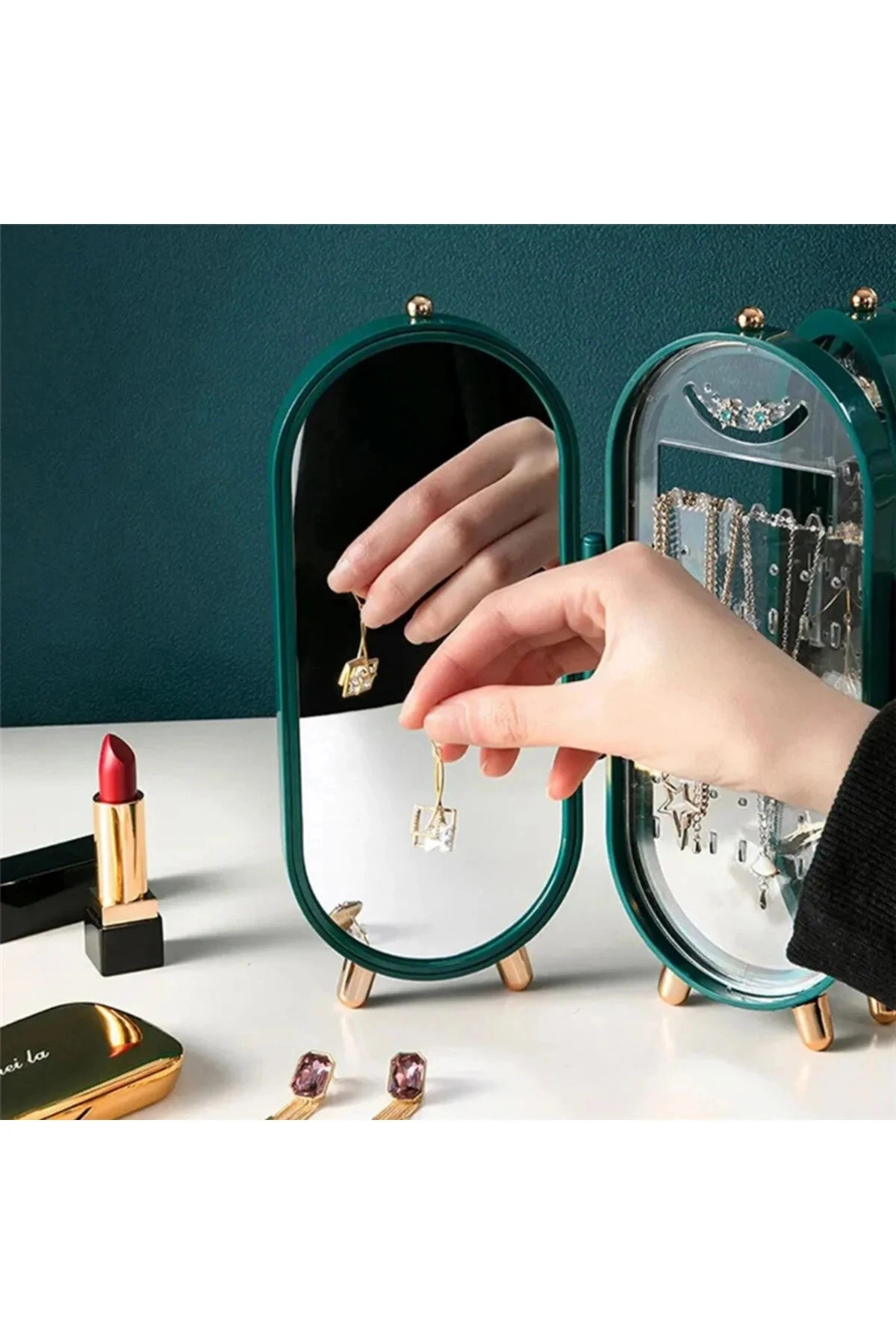 4 Bölmeli Takı Organizeri Aynalı Takı Askısı Yüzük Standı, Küpe Standı, Kolye Düzenleyici YEŞİL