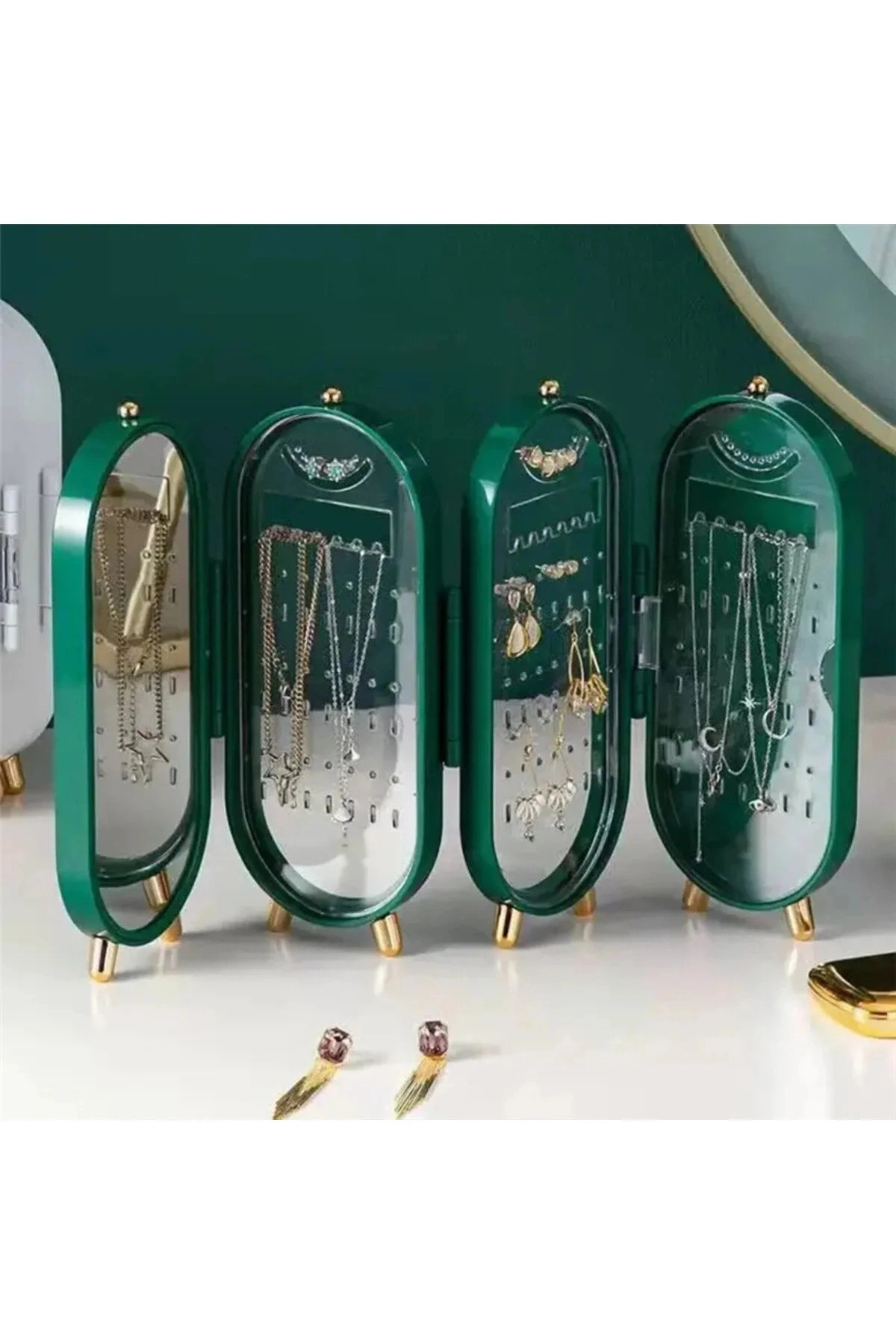 4 Bölmeli Takı Organizeri Aynalı Takı Askısı Yüzük Standı, Küpe Standı, Kolye Düzenleyici YEŞİL