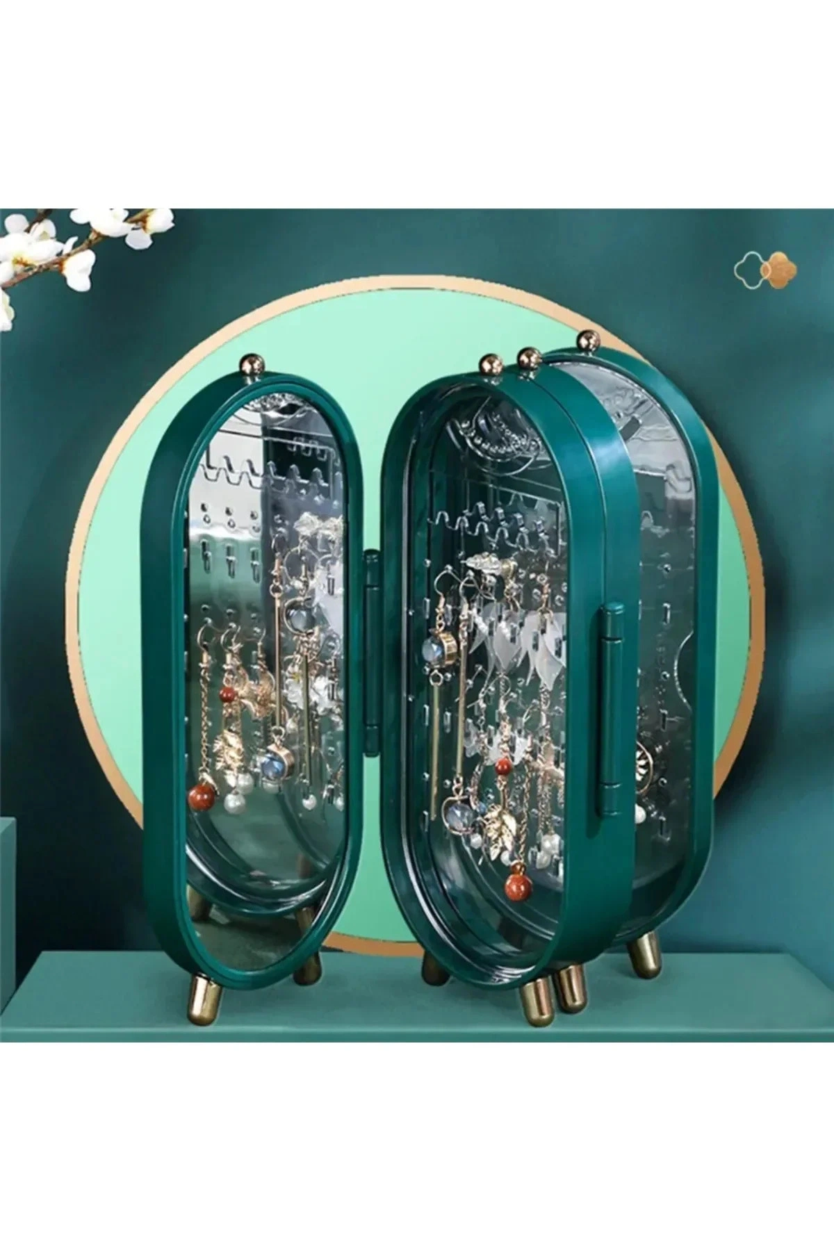 4 Bölmeli Takı Organizeri Aynalı Takı Askısı Yüzük Standı, Küpe Standı, Kolye Düzenleyici YEŞİL