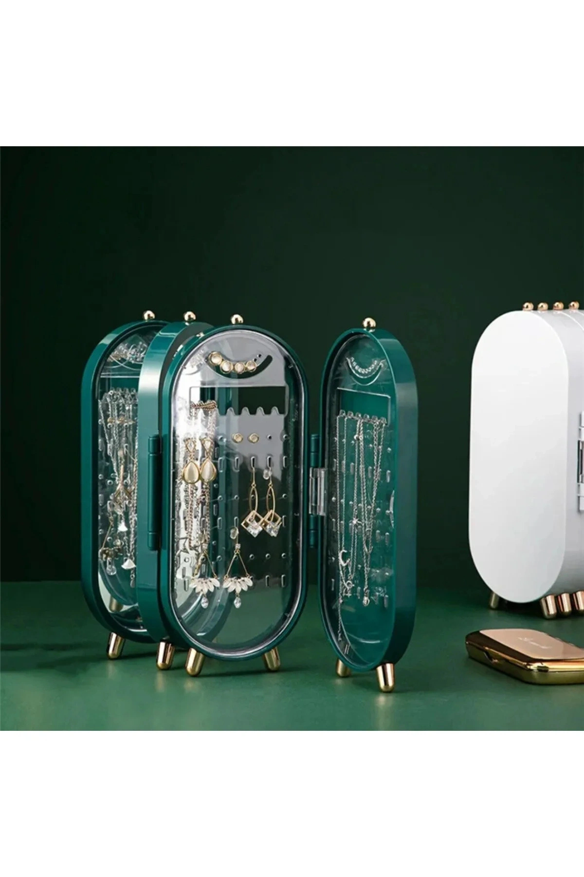 4 Bölmeli Takı Organizeri Aynalı Takı Askısı Yüzük Standı, Küpe Standı, Kolye Düzenleyici YEŞİL