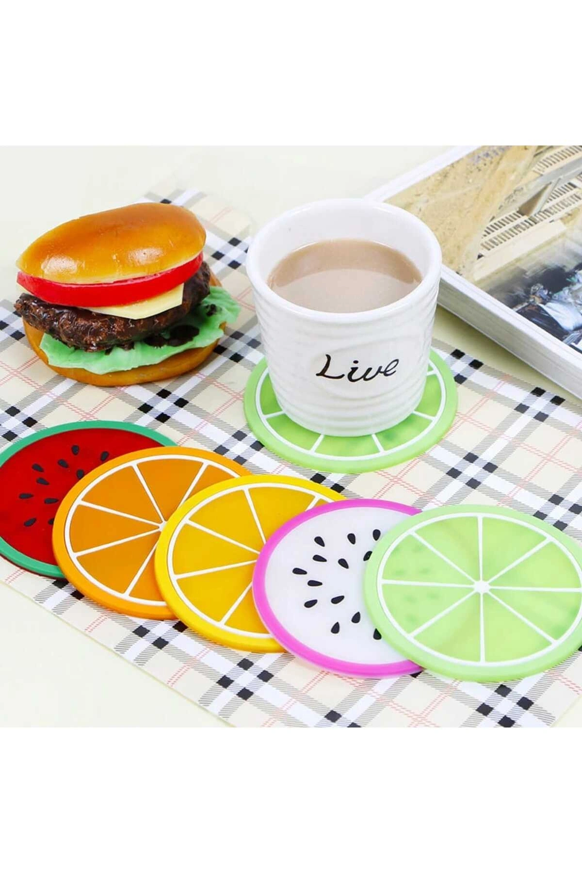 5li Silikon Bardak Altlığı Meyve Şekli Kaymaz Ped Mat Kupa Çay Kahve Bardağı Tutucu Çalışma Masa
