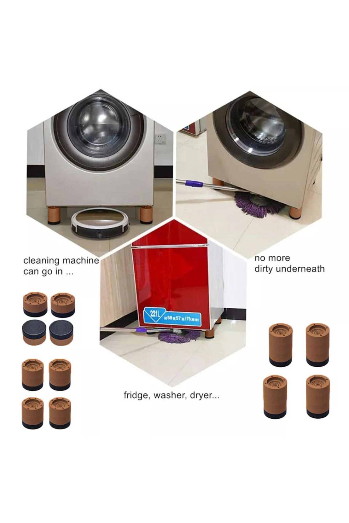 Beyaz Eşya Ayağı Çamaşır Makinesi Mobilya Titreşim Önleyici Kaydırmaz 3.5 Cm Yükseltici 4 Lü KAHVE