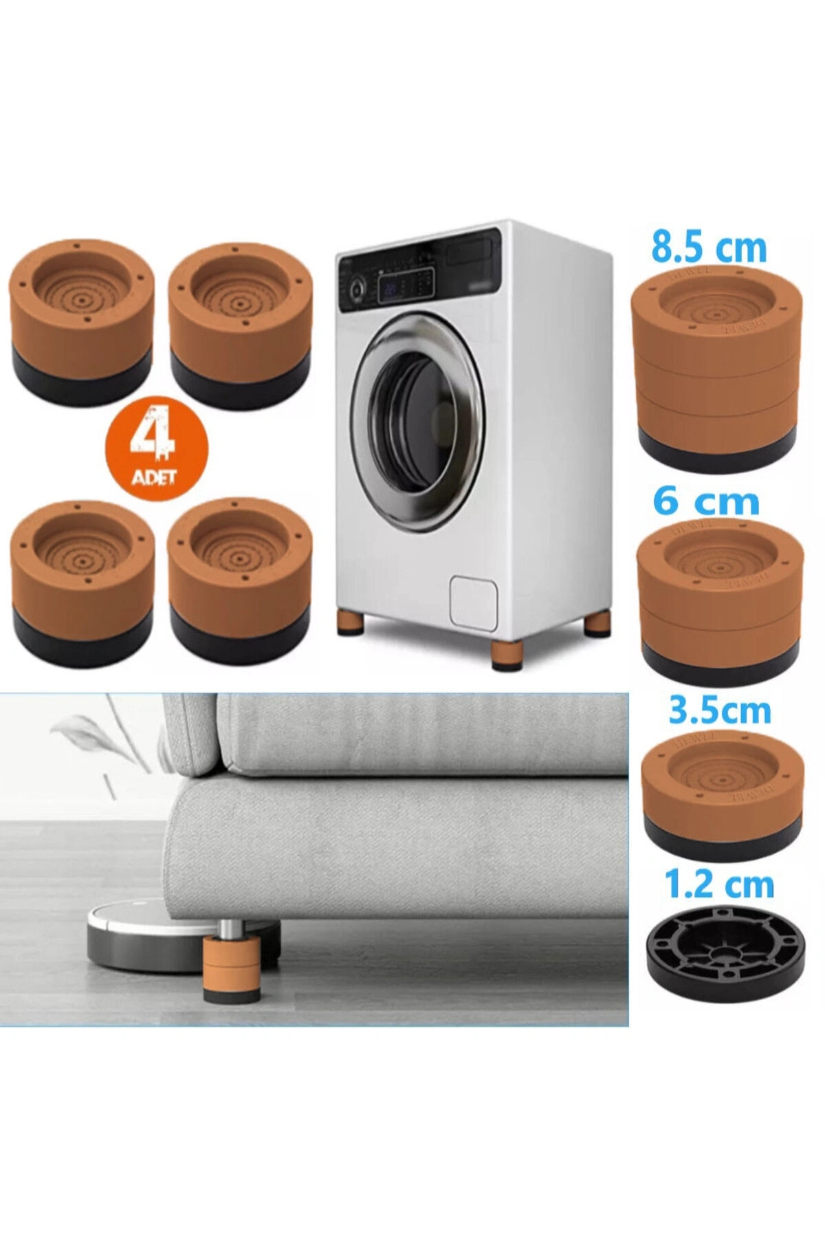 Beyaz Eşya Ayağı Çamaşır Makinesi Mobilya Titreşim Önleyici Kaydırmaz 8.5 Cm Yükseltici 4 Lü KAHVE