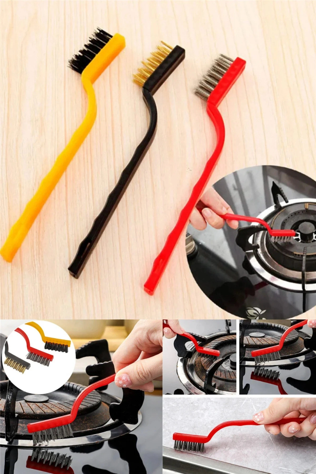 3 Adet Ocak Fırın Mangal Izgara Airfryer Temizliği Tel Pas Sökme Detay 3lü Yağ Temizleme Fırçası