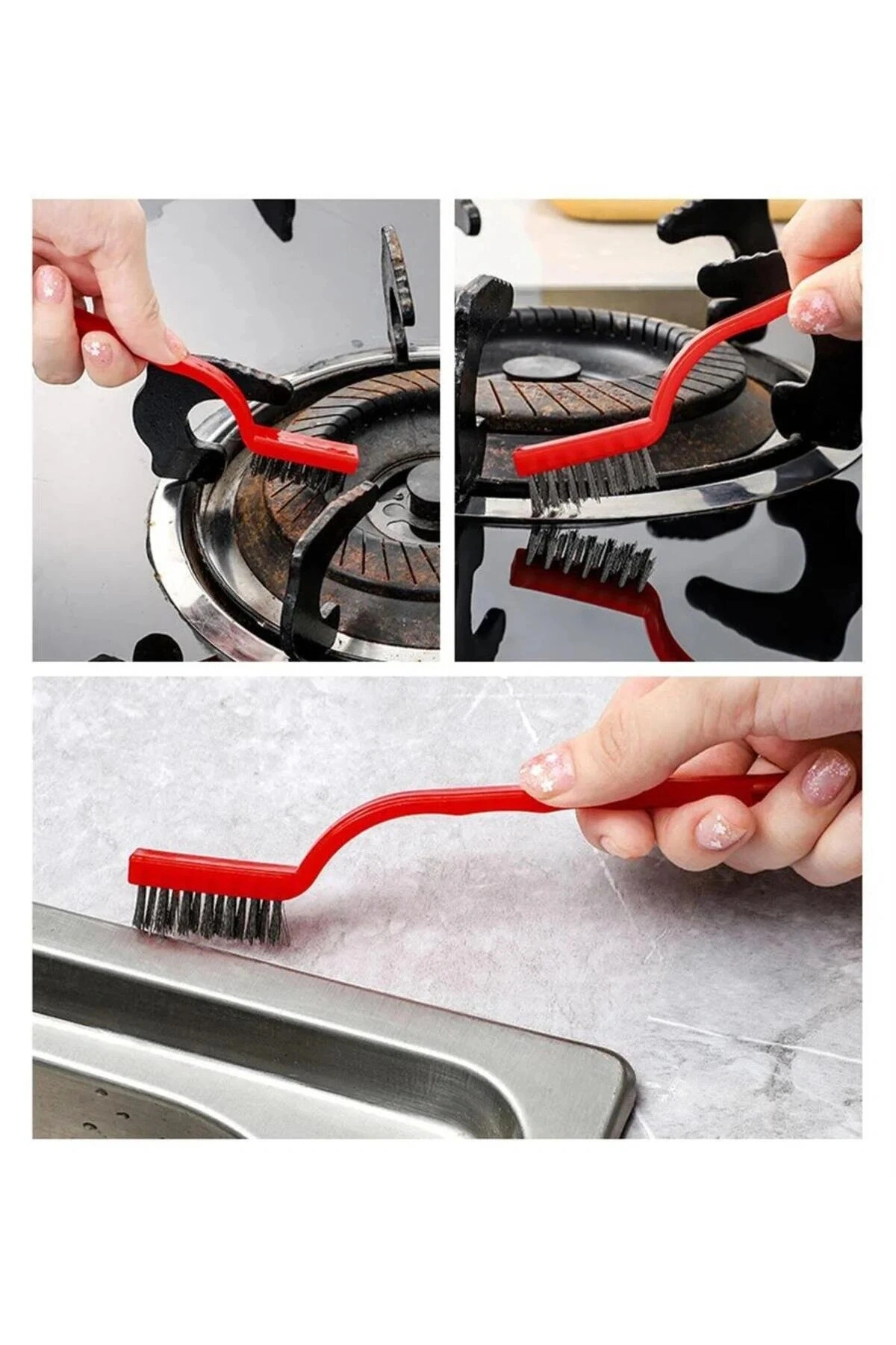 3 Adet Ocak Fırın Mangal Izgara Airfryer Temizliği Tel Pas Sökme Detay 3lü Yağ Temizleme Fırçası