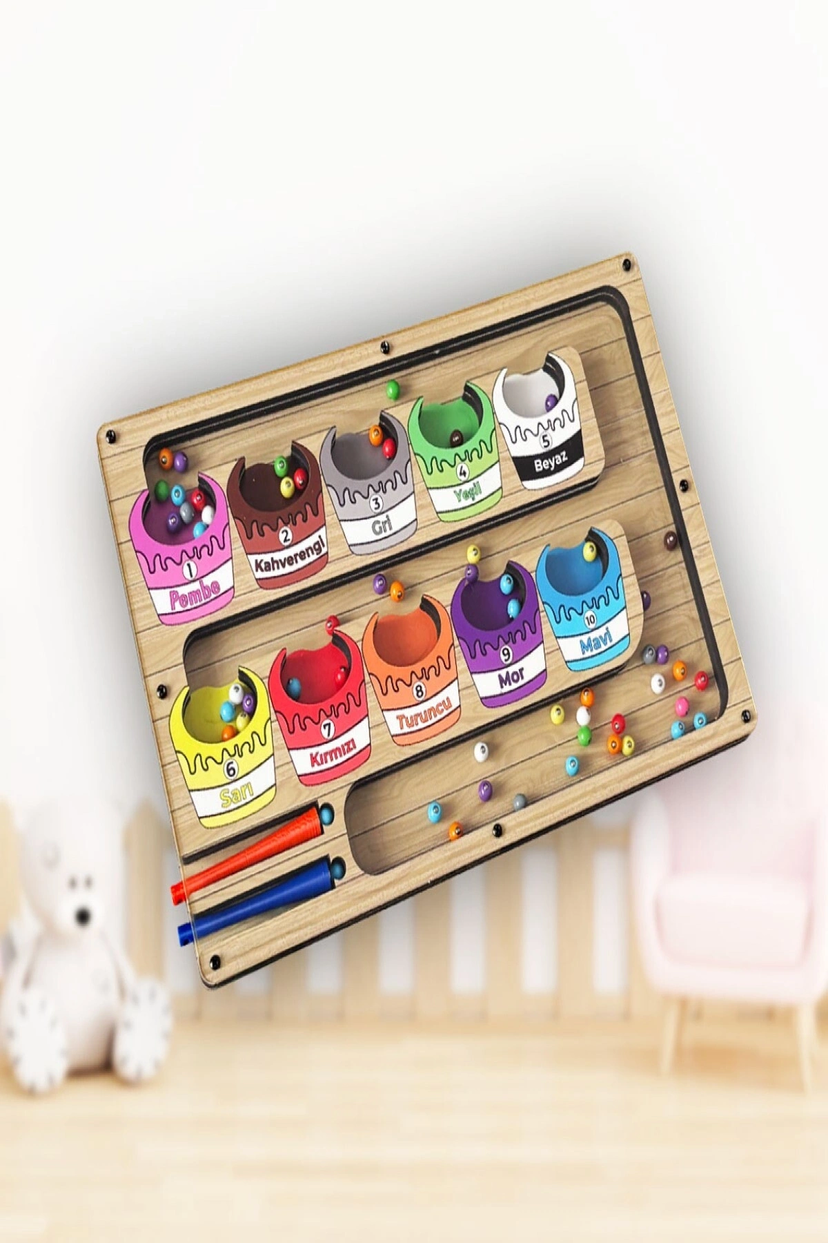 Manyetik Eğitici Renkli Sayma ve Eşleştirme Labirenti Eğitim Oyuncağı - Ahşap Montessori Oyunu Kova