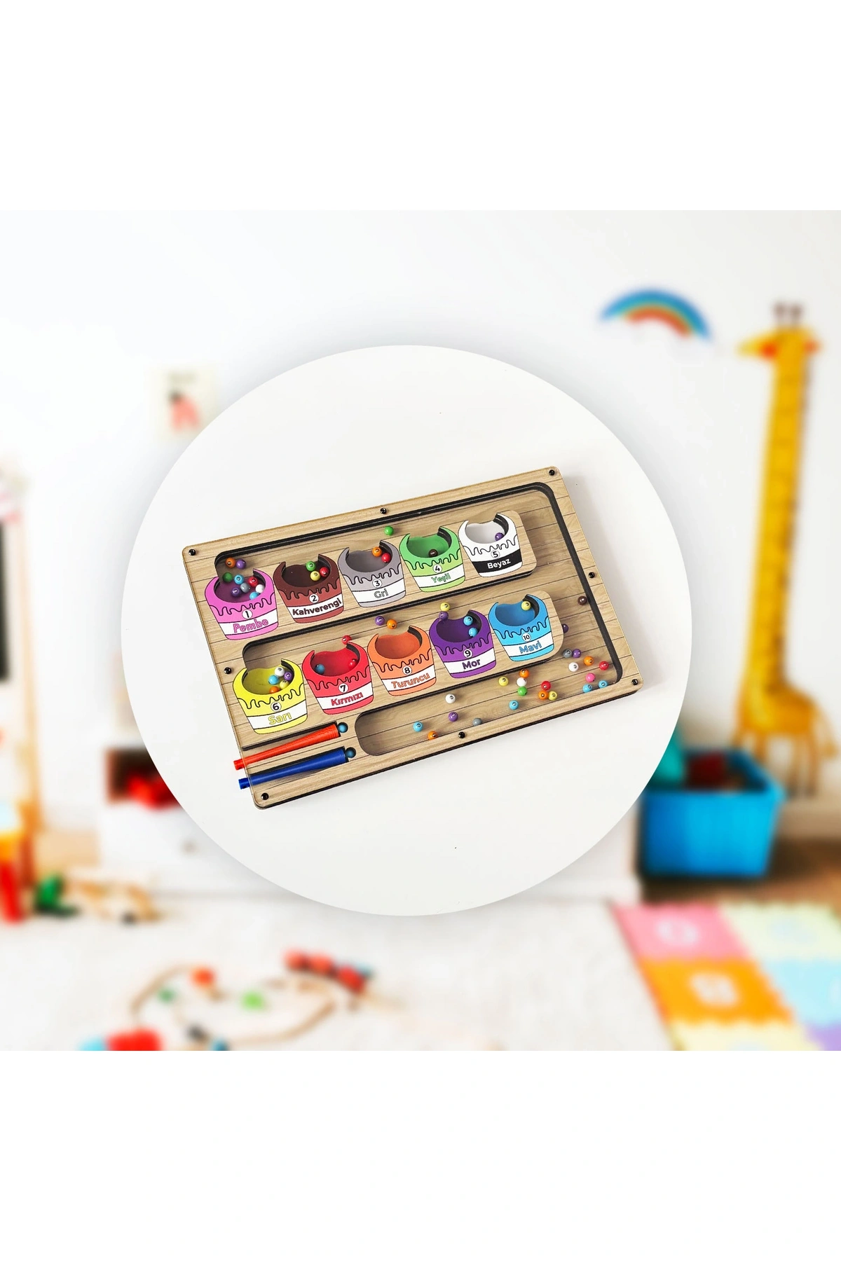 Manyetik Eğitici Renkli Sayma ve Eşleştirme Labirenti Eğitim Oyuncağı - Ahşap Montessori Oyunu Kova