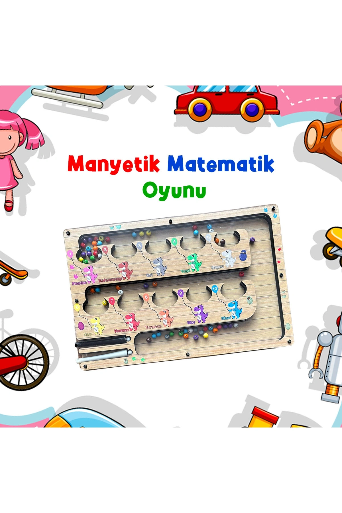 Manyetik Eğitici Renkli Sayma ve Eşleştirme Labirenti Eğitim Oyuncağı Ahşap Montessori Oyunu Dinozor