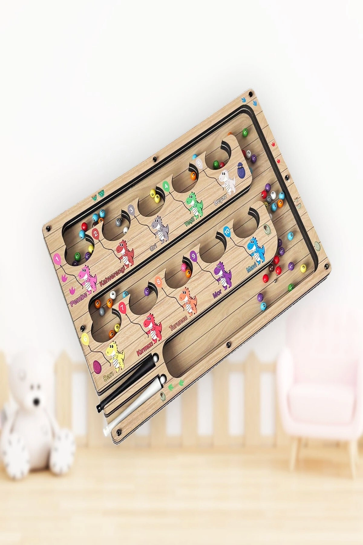 Manyetik Eğitici Renkli Sayma ve Eşleştirme Labirenti Eğitim Oyuncağı Ahşap Montessori Oyunu Dinozor