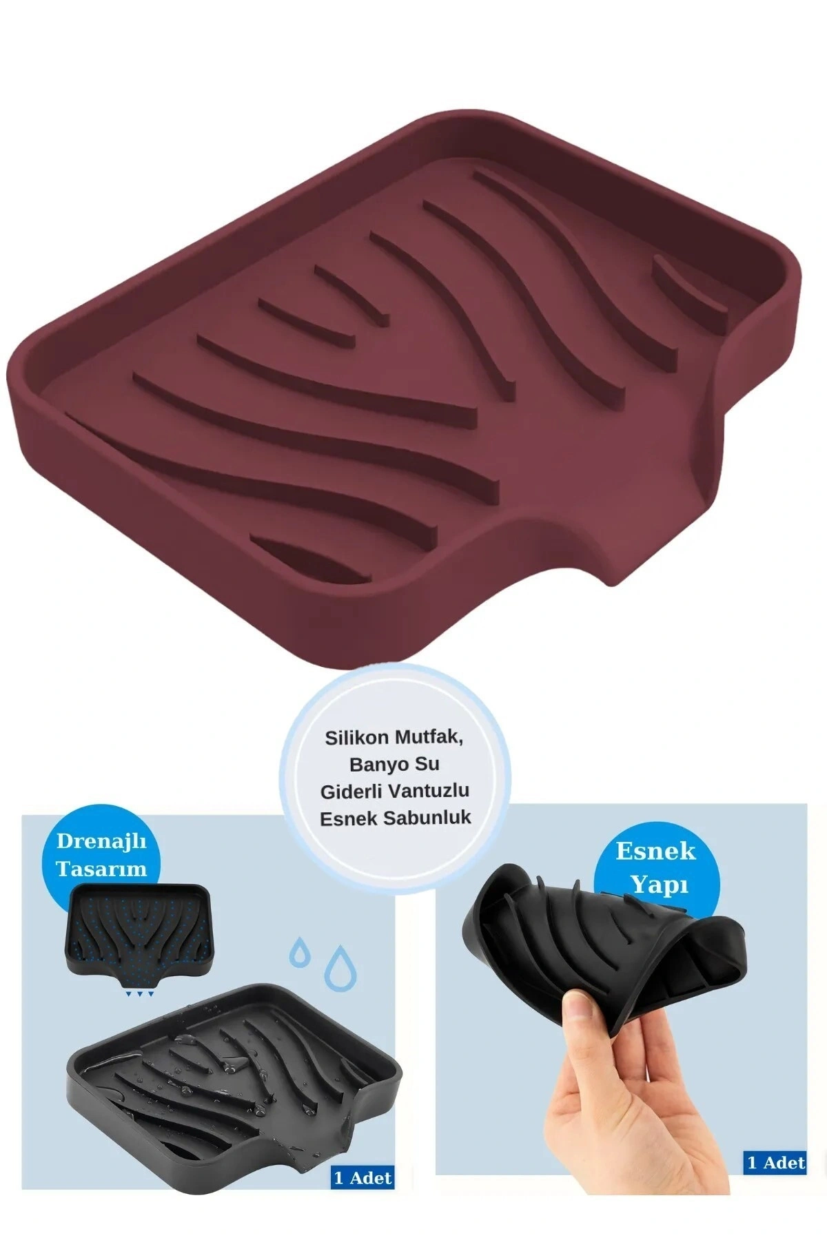 Silikon Mutfak, Banyo Su Giderli Vantuzlu Esnek Sabunluk Bordo Renk