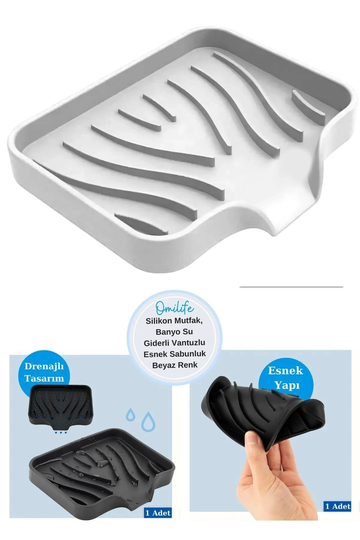 Silikon Mutfak, Banyo Su Giderli Vantuzlu Esnek Sabunluk BEYAZ Renk