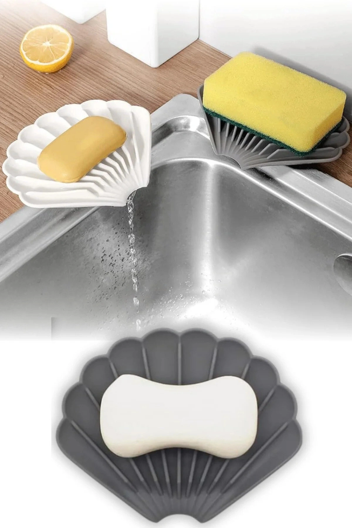 Beyaz Renk Kaymaz İstiridye Şekilli Silikon Sabunluk Sabun Depolama Tutucu ve Taşınabilir Sabunluk