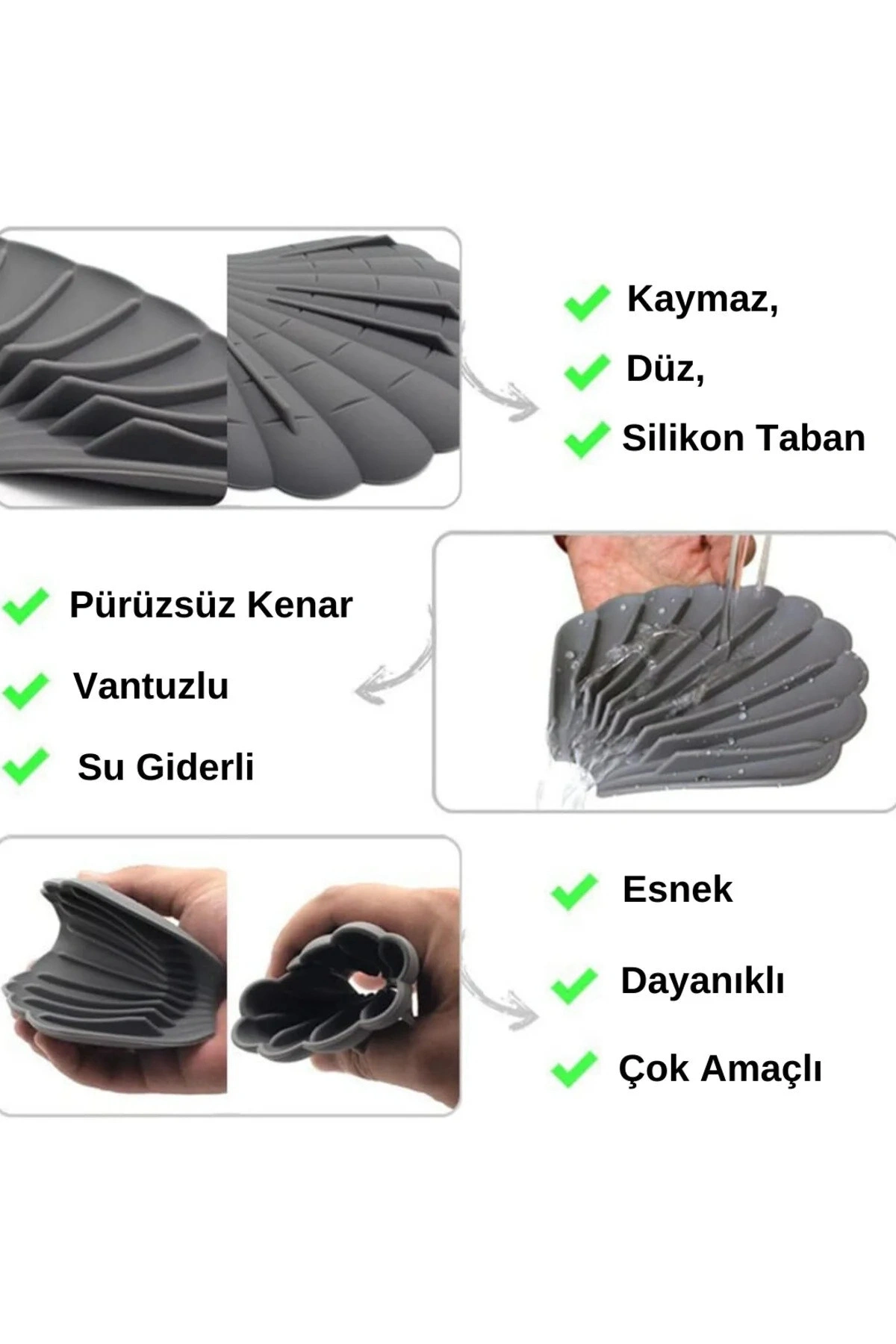 GRİ Renk Kaymaz İstiridye Şekilli Silikon Sabunluk Sabun Depolama Tutucu ve Taşınabilir Sabunluk