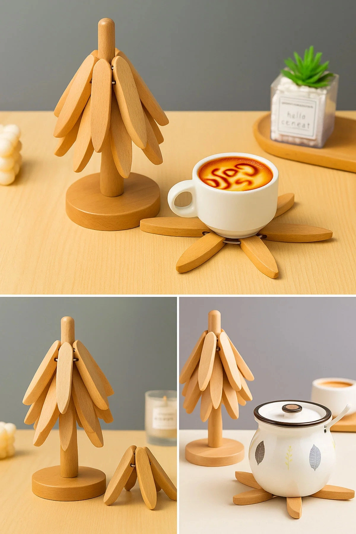 3lü Standlı Bambu Nihale Seti, Isıya Dayanıklı Bardak ve Tencere Altı Katlanır Nihale