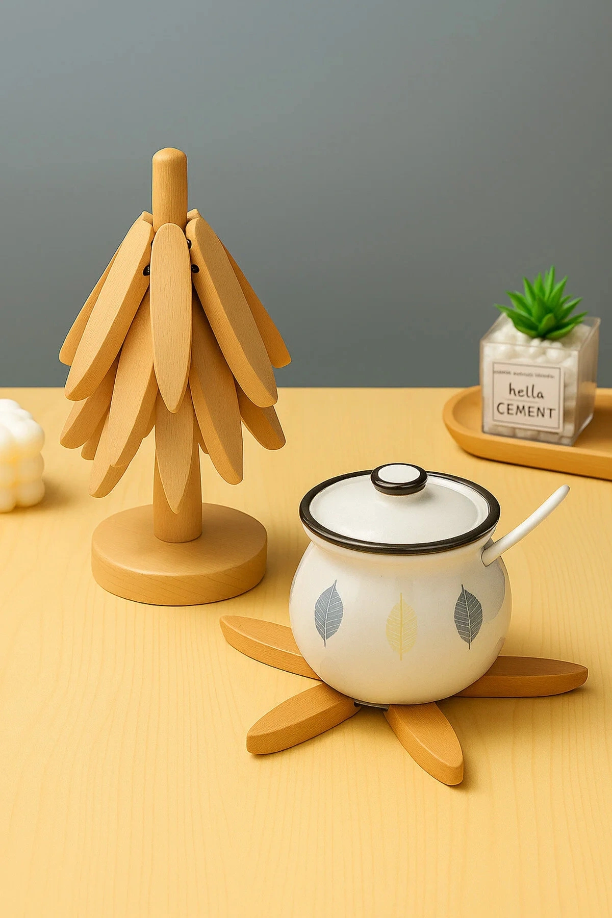 3lü Standlı Bambu Nihale Seti, Isıya Dayanıklı Bardak ve Tencere Altı Katlanır Nihale