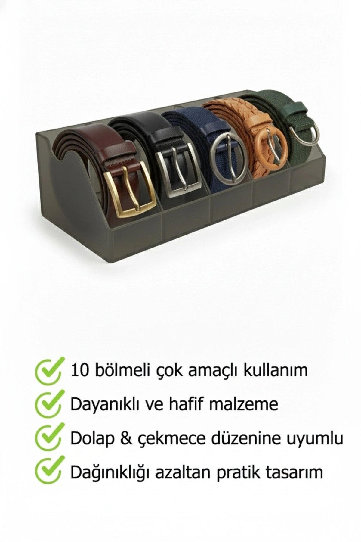 5 Bölmeli Kemer Çorap Takı Makyaj Organizeri Dolap İçi Kemer Düzenleyici Organizer GRİ